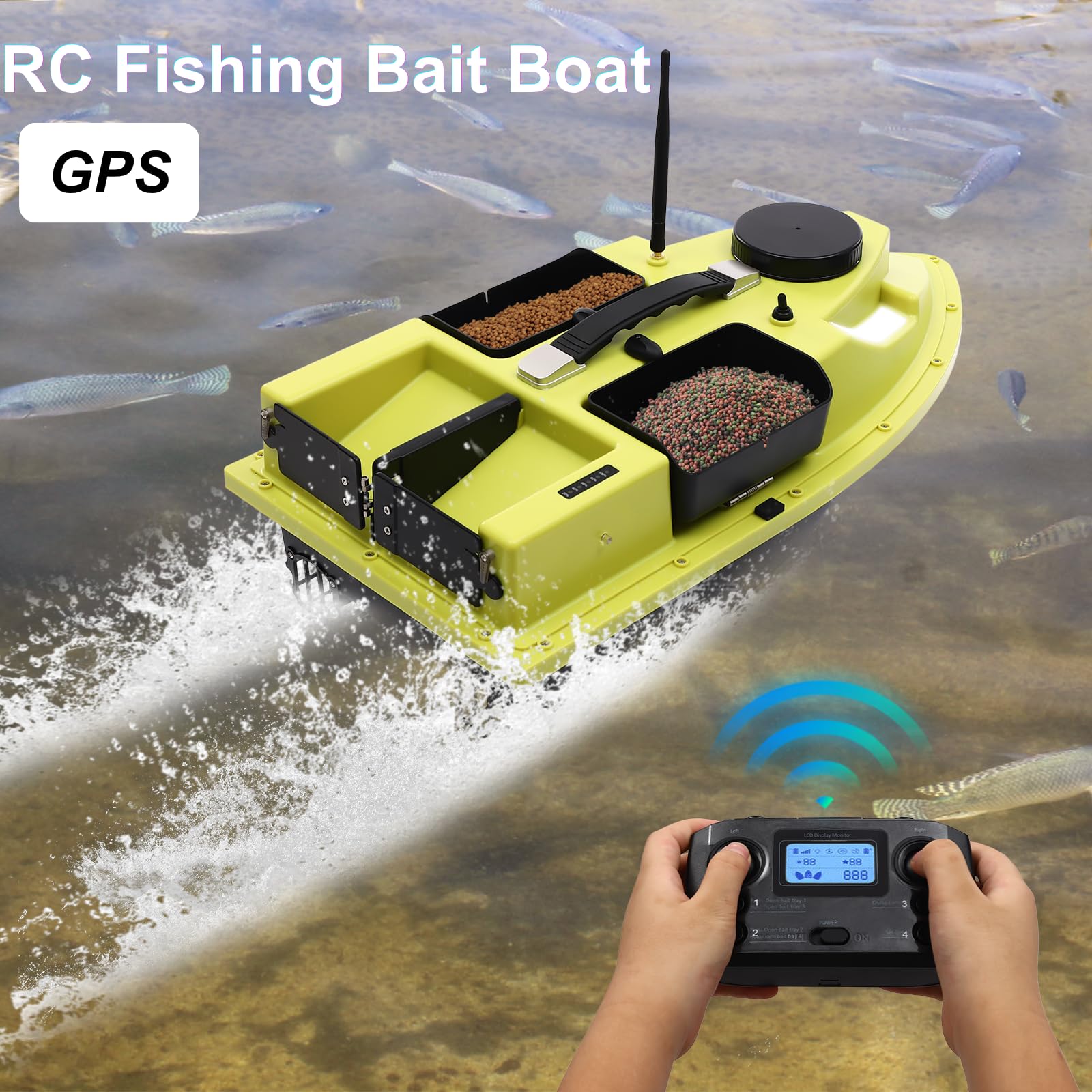 GPS. Barca per mangimi, 500 m, radiocomandata, Dual Motor Fish Finder con luce di navigazione e schermo LED per pesca, doppia struttura del cuscinetto, telecomando 2,4 G, giroscopio a sei