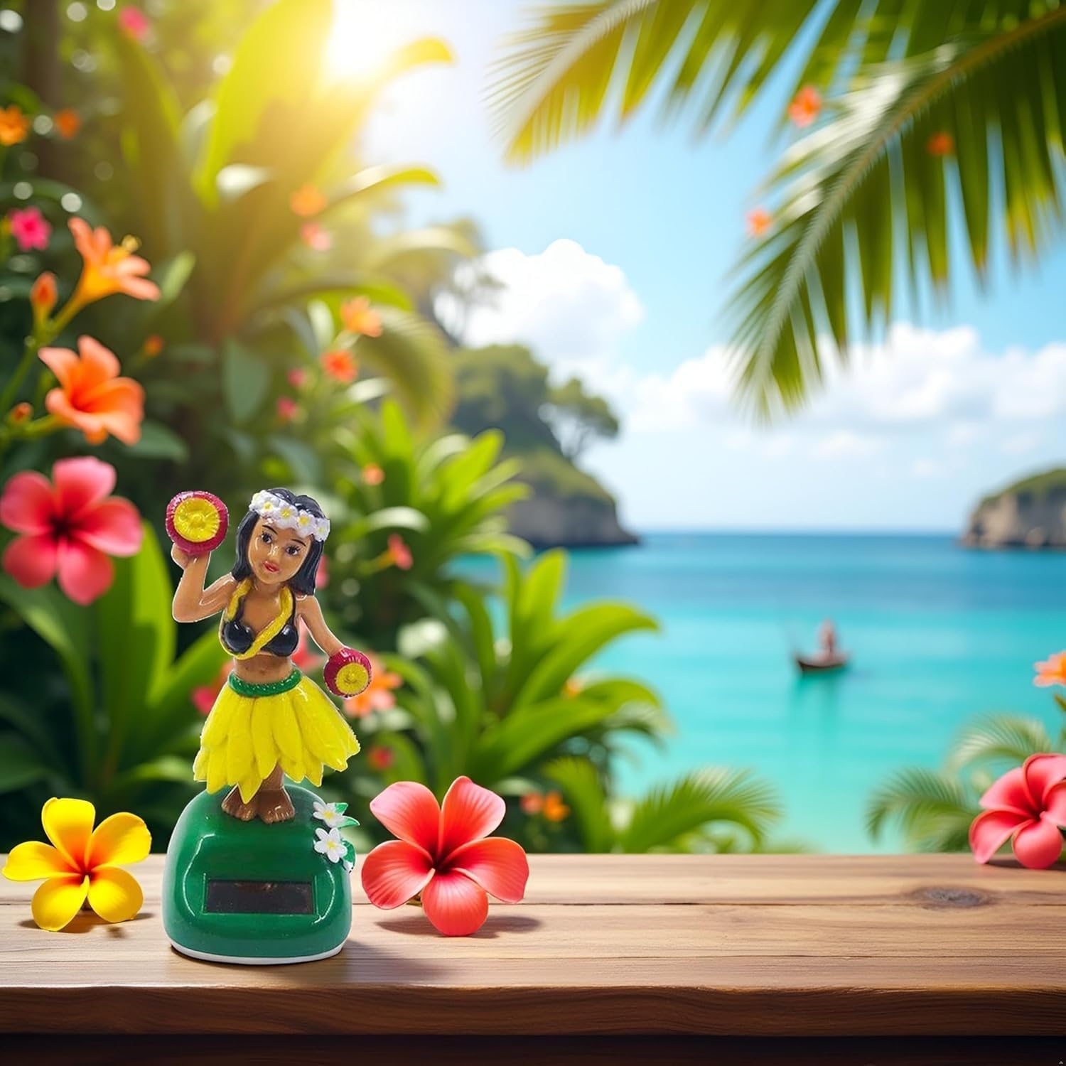 Yellow Hawaiian Dashboard Ornament with Kinetic Dance Motion, Solar-Powered Hula Girl Car Decor,Auto Interior Accessories & Tropical Home Decor for Office/Party Multi-Scene Decoration