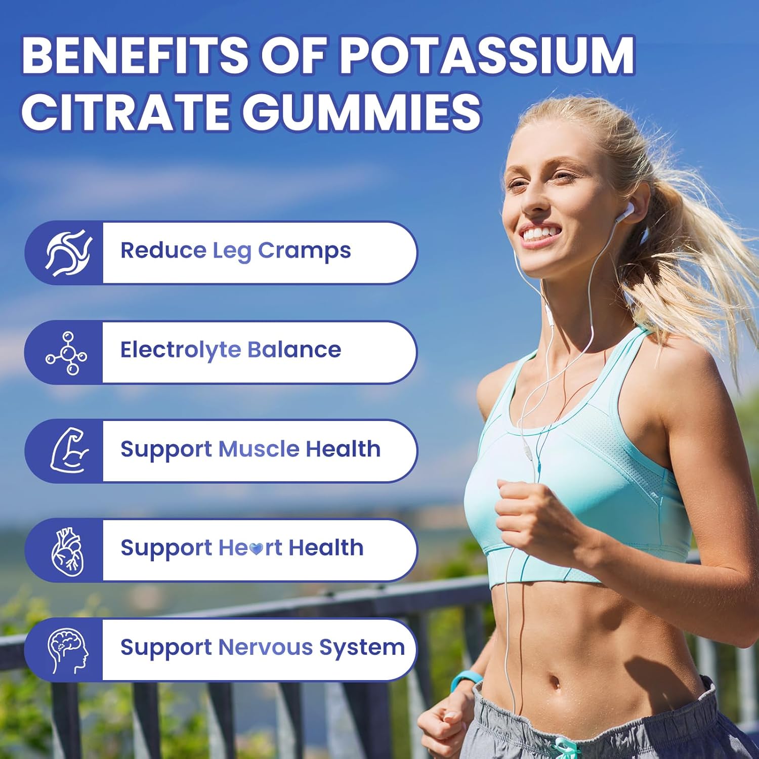 Potassium Citrate 1200mg Gummies for Adults Women & Men, Chewable Potassium Supplement for Reduce Leg Cramps & Muscle Health, Sugar Free, Blueberry Flavor, 60 Count - Image 3