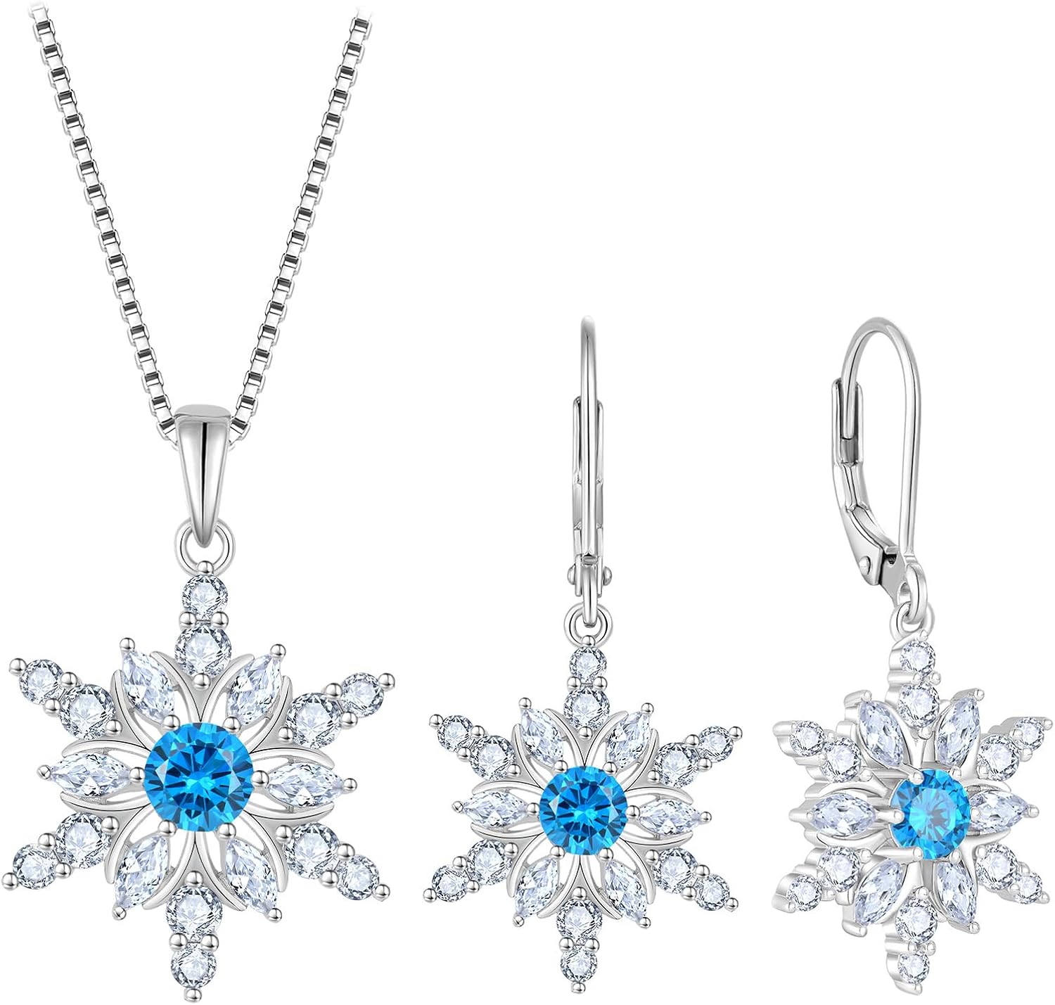 Snowflake Jewelry Set for Women 925 Sterling Silver Frozen Pendant Necklace Dangle Drop Leverback Earrings Blue Aquamarine Jewelry Christmas for Her