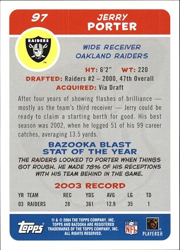 Miniatura 2 de 2004 Bazooka #97 Jerry Porter NFL Football Trading Card