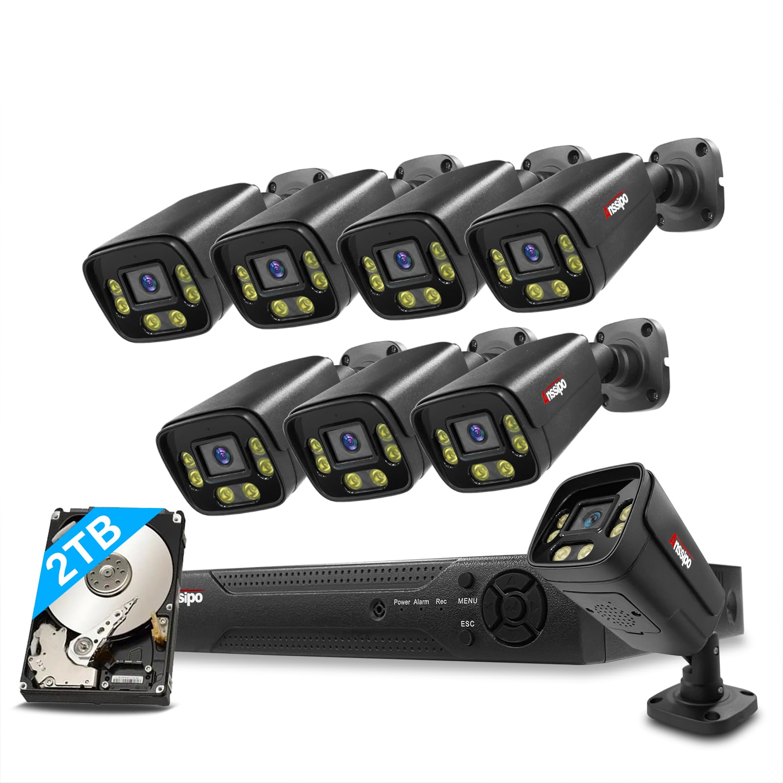 outdoor/indoor PoE security camera system, (2-way audio/AI face detection/IR colour night vision/vehicle detection) IP modification support, dual stream support, 8 NVR, 8 CCTV, 2TB HDD 24/7