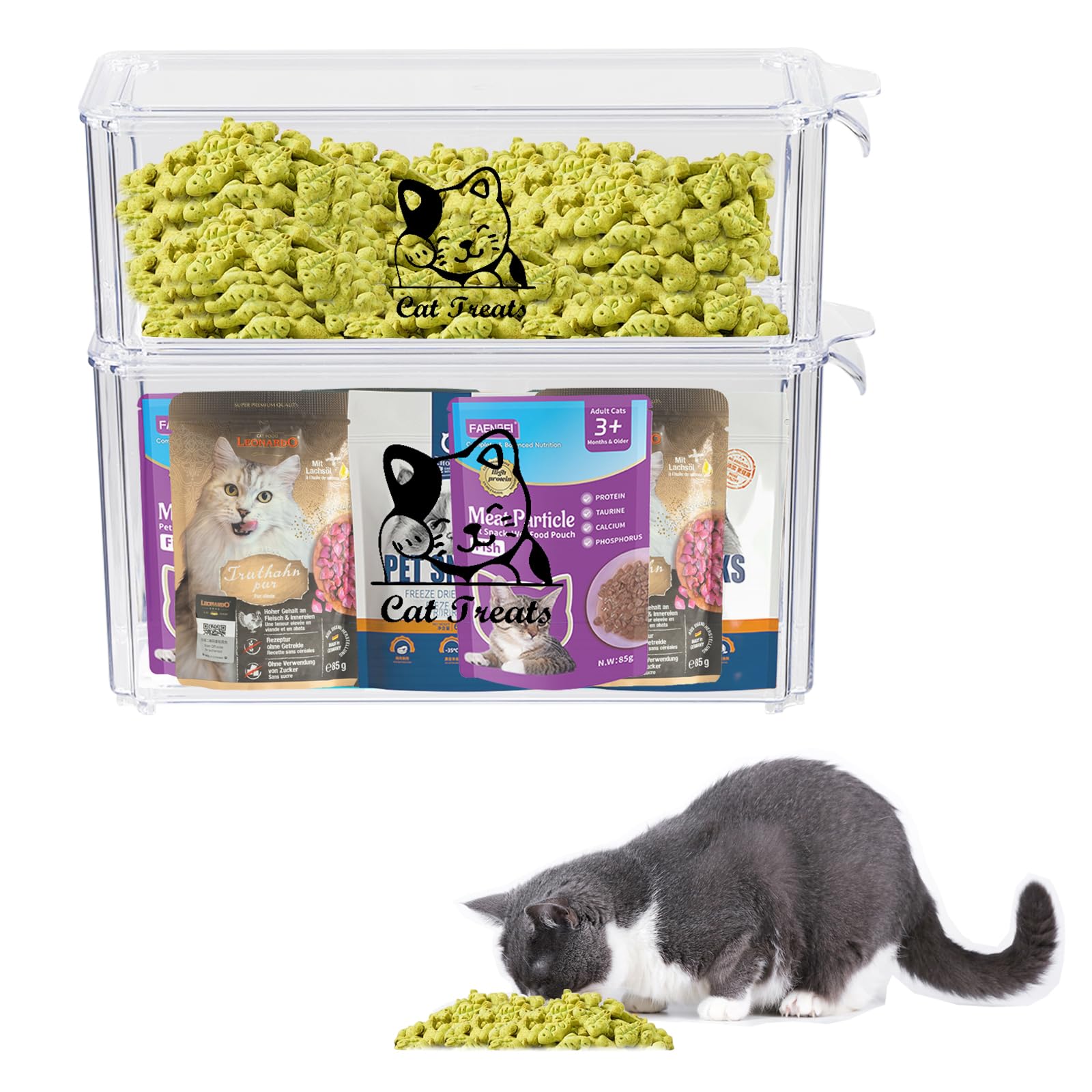 Apitos Pet Food Storage Containers Set Of 2,Cat Food Container,Stackable Clear Cat Food Storage Containers with Lids, for Cat Treats,Wet Cat Food,Cat Treats,Kitten Treats Plastic Storage Box