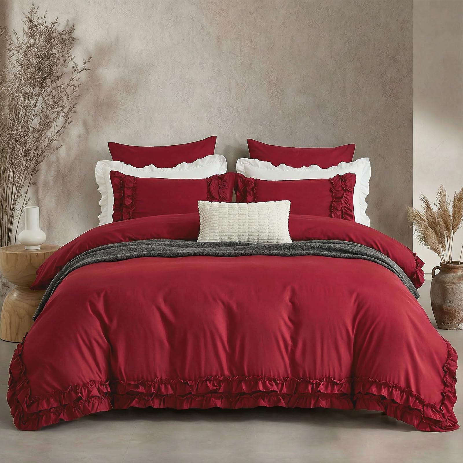 Burgundy Duvet Cover King Size Ruffled Bedding Set Vintage Lace Ruffle Elegant Bedroom Decor Shabby Chic Farmhouse Style Boho Chic Duvet Cover Set for All Season