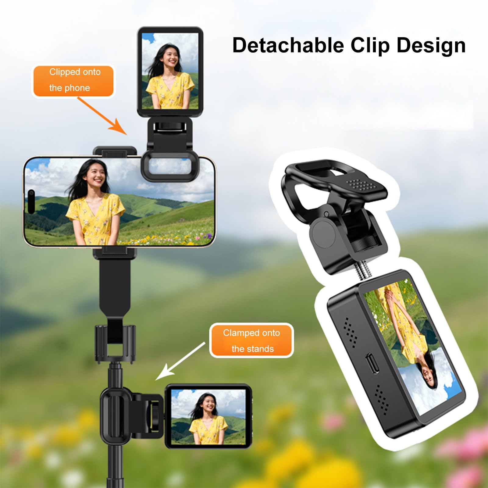 Tbest Pantalla de Monitor Selfie Cámara Trasera de 2,4 Pulgadas Enfoque de Espejo Pantalla Selfie Ajustable de Enfoque Variable Conexión BT Control Inalámbrico Clip