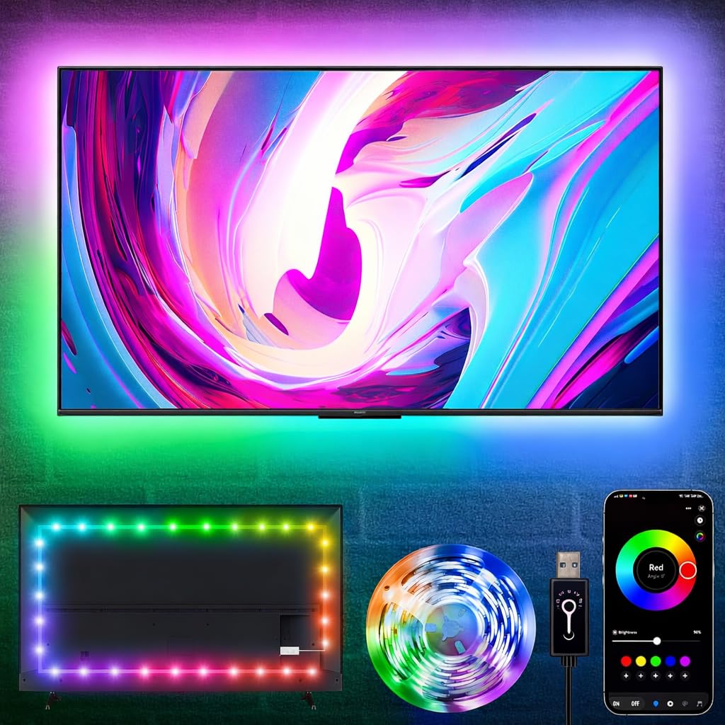 Gesto 5 Meter RGB LED TV Backlight with App & Remote Control | Music Sync, Bluetooth, 16 Million Colors | 5V USB Powered Bias Lighting for 55–80 Inch TVs | Ambient Strip Light for PC, Bedroom, Gaming