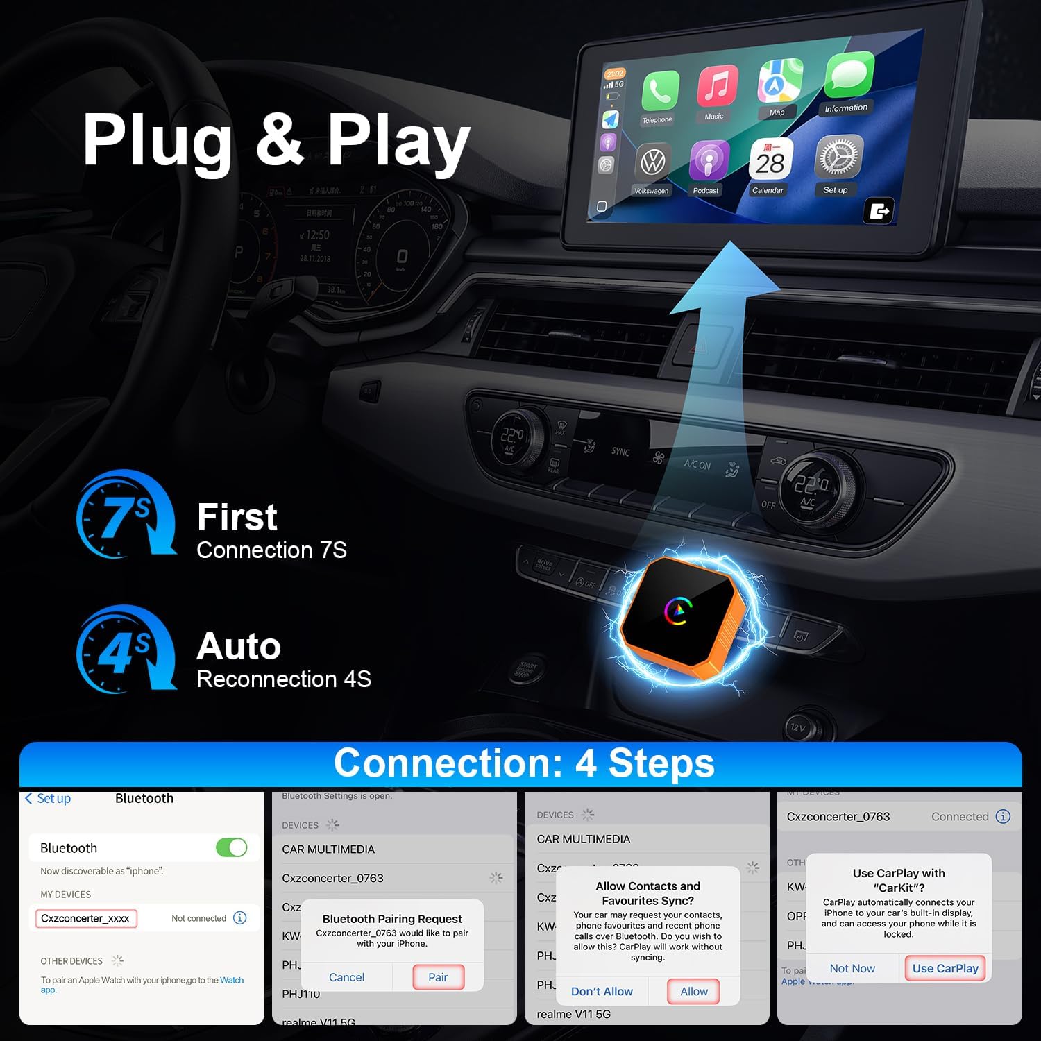 Wireless CarPlay Adapter for iPhone, Wired to Wireless CarPlay Dongle, Low Latency Plug & Play Converter for Cars with Factory Wired CarPlay