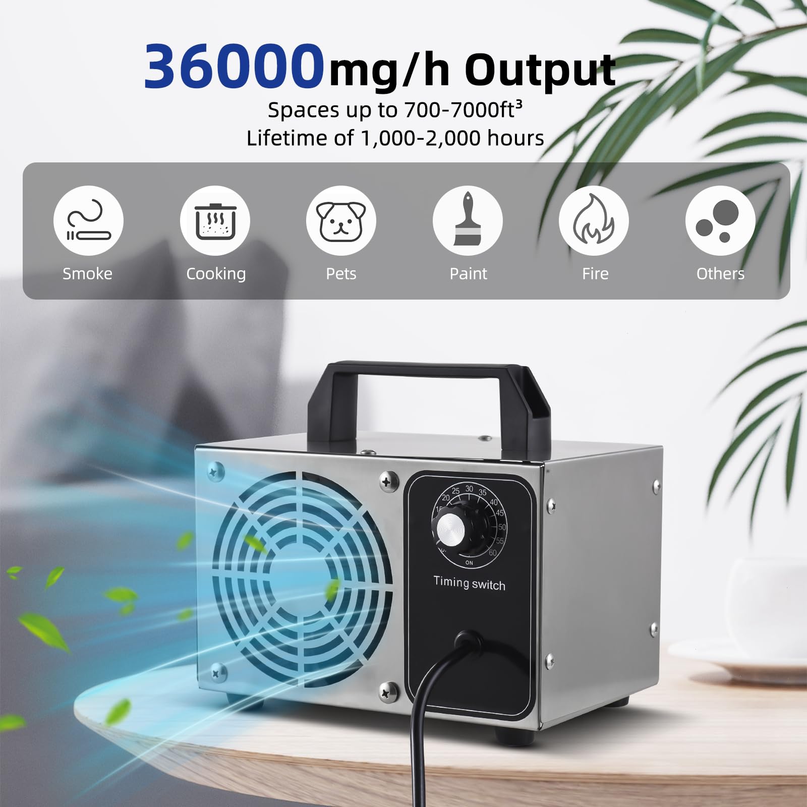 Generatore di ozono Deodorante O3 in acciaio inossidabile Purificatore d'aria Deodorante Macchina per ozono ad alta capacità Ionizzatore d'aria Odore pulito per casa Auto Animali (36 g all'ora)