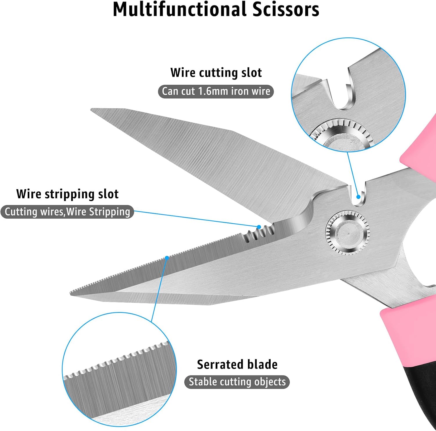 BoFuYuan 8-Inch Utility Scissors All Purpose Heavy Duty, Serrated Blade, Pink Comfort Grip for Cutting Carpet, Cardboard, Leather, Fabric, Multipurpose Sharp Shears for Kitchen, Garden, Office, Carft