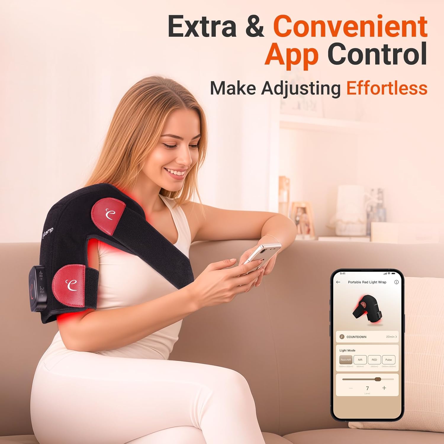 User interacting with the Comfytemp app to control the shoulder wrap