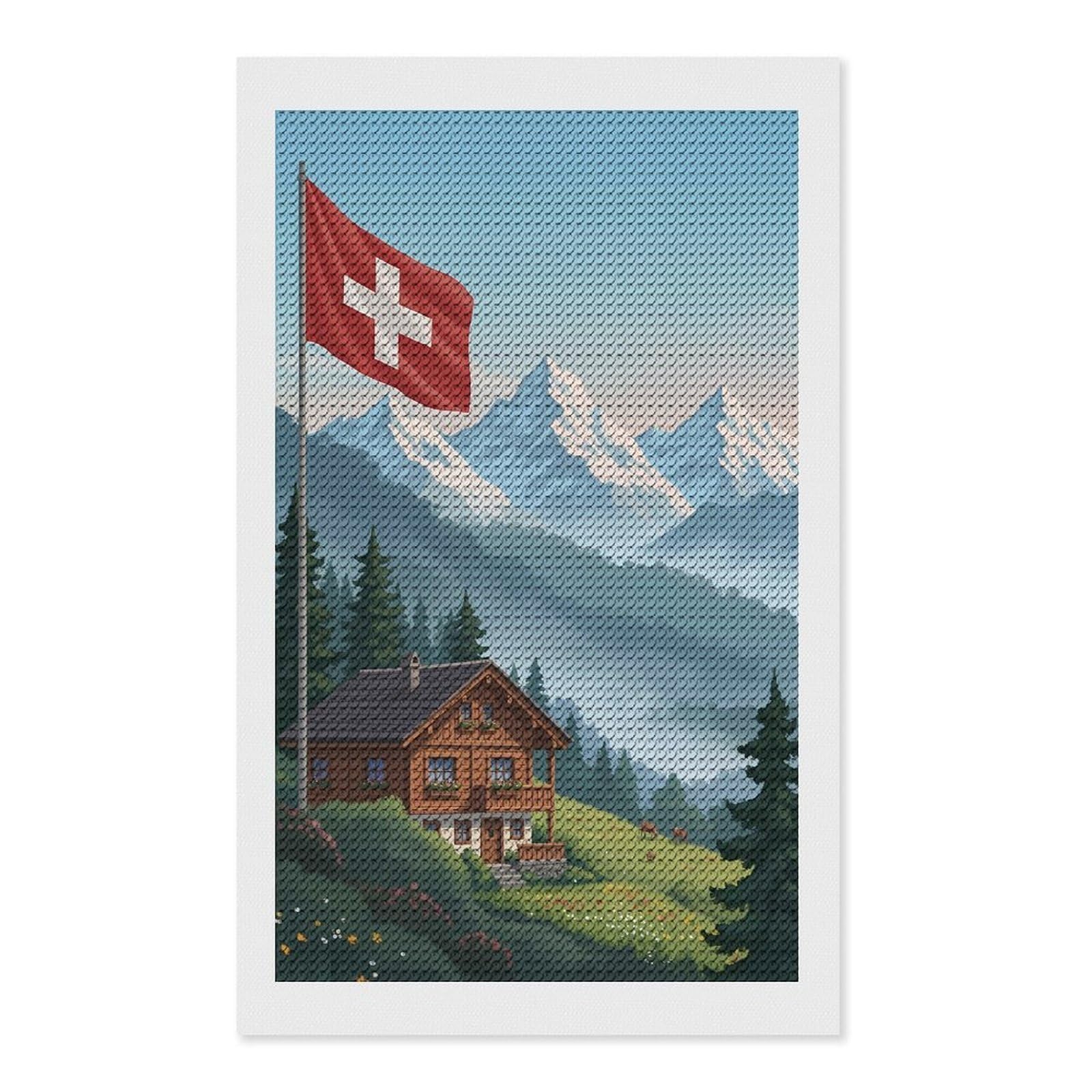 Junmoney Swiss Chalet with Flag and Mountains DIY Diamond Art Canvas Kit 12"x20", Pleasing Wall Art Project, Easy Handmade Project, Living Room Decor