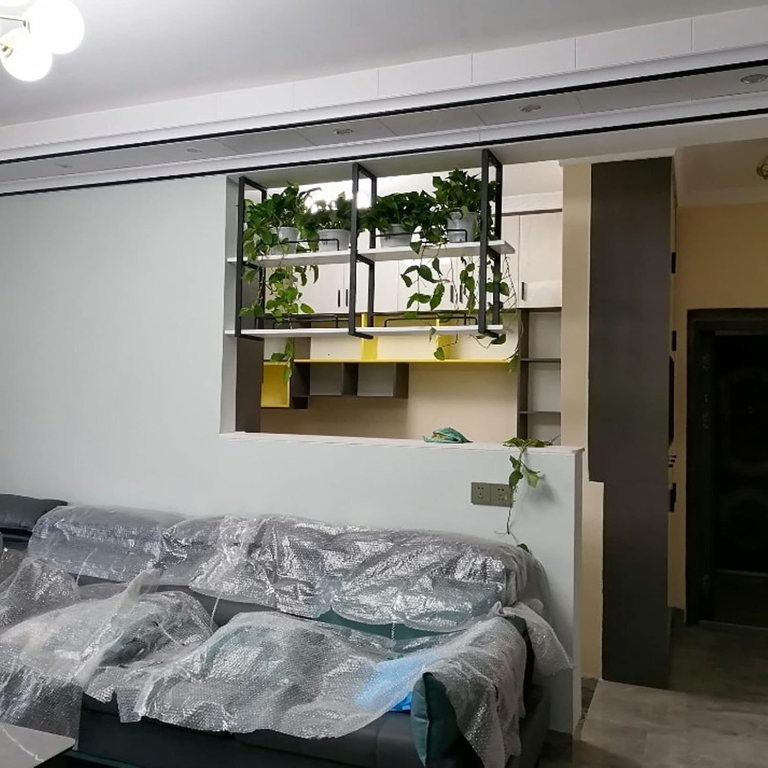 Rustic Iron and Wood Hanging Wine Rack with Plant Shelf Ceiling Mounted Wine Bottle Holder for Kitchen or Bar 80kg Capacity Vintage Style 2cm Solid Wood Panel Stylish Storage Solution