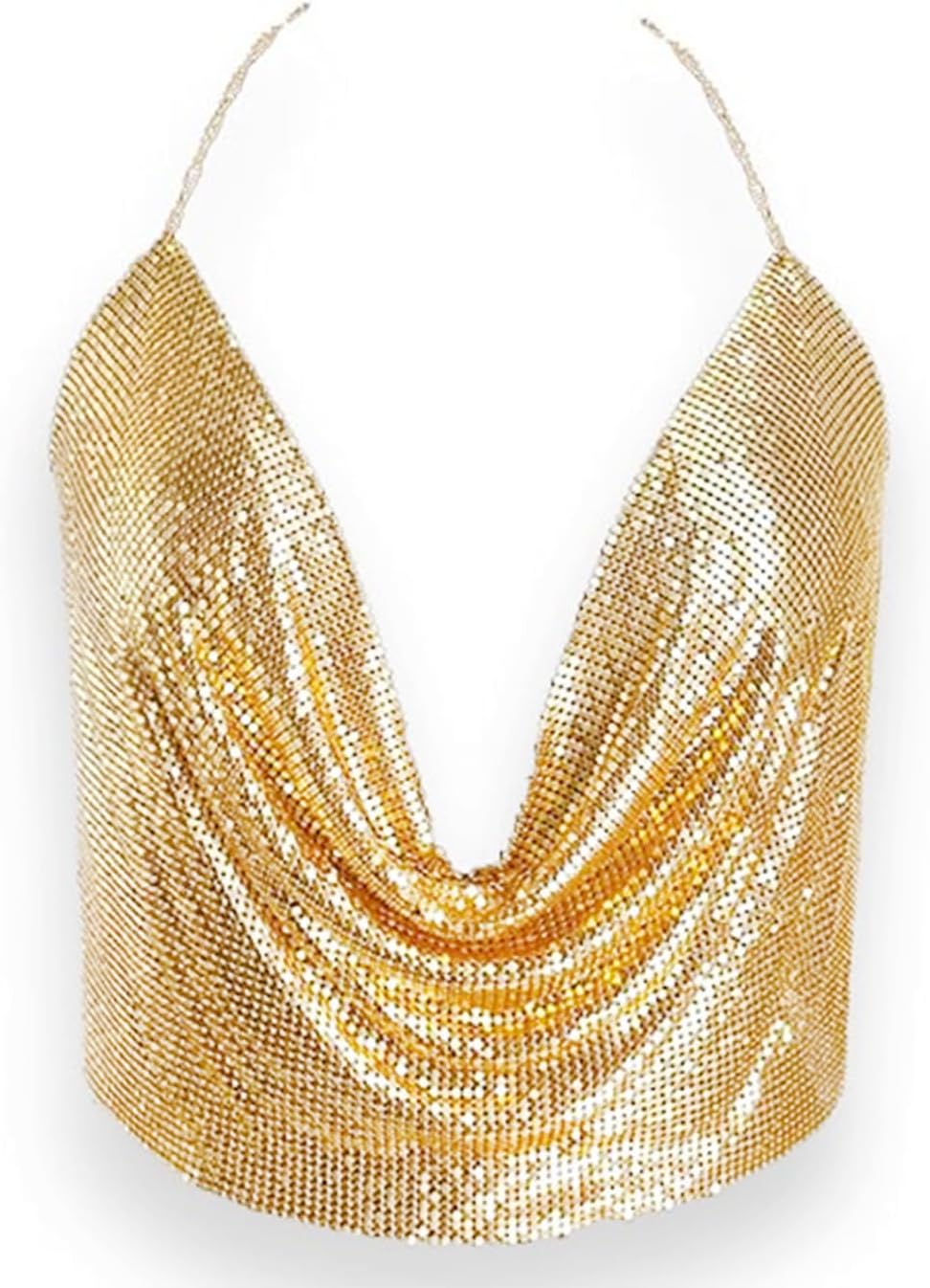 Womens Sexy Sparkly Chain Top Metallic Sequin Rhinestone Halter Backless Crop Outfit EDM Party Club Tank Shirt