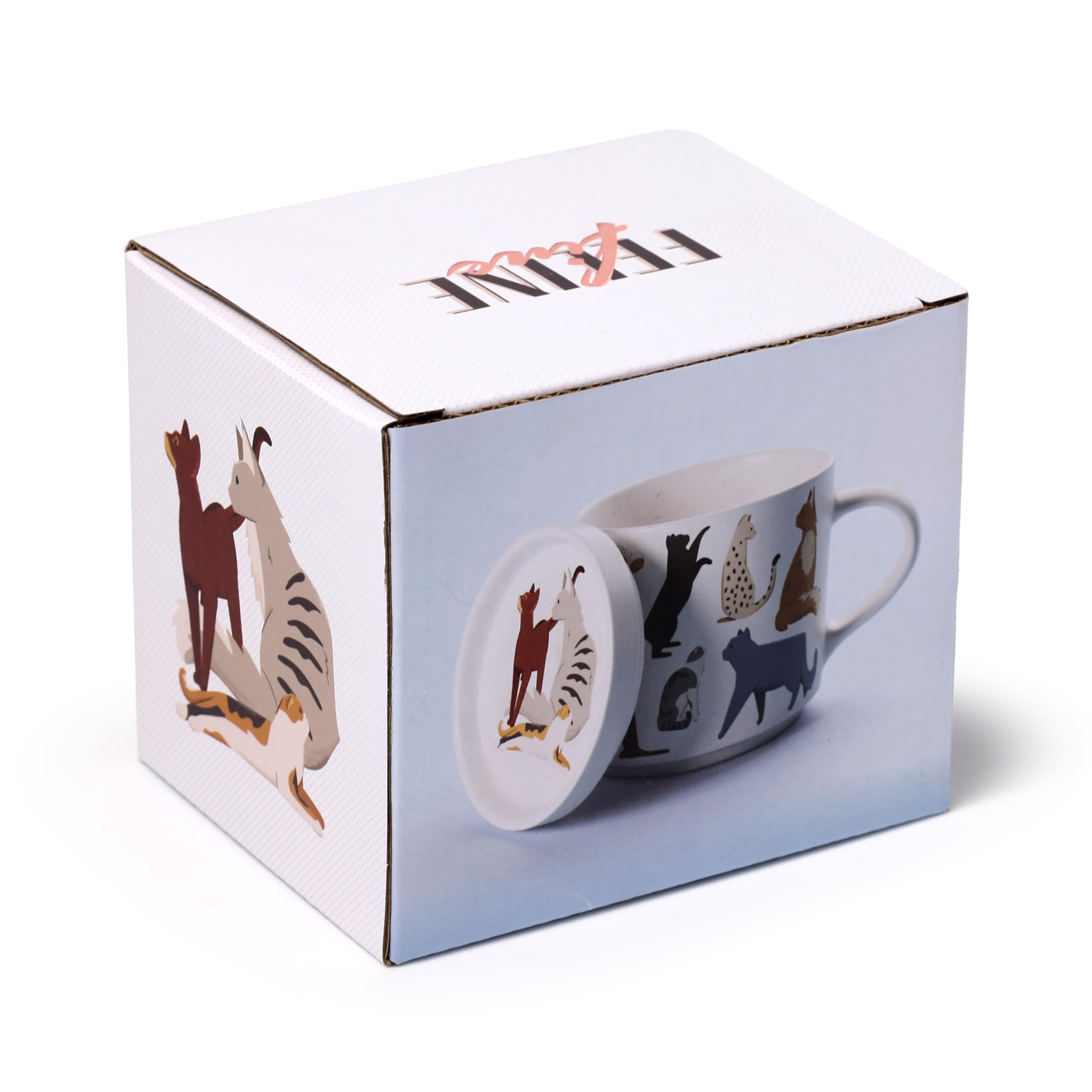 Puckator Set Tasse aus Porzellan und Untersetzer/Deckel 2 in 1 – Katzen Feline Fine – Groß