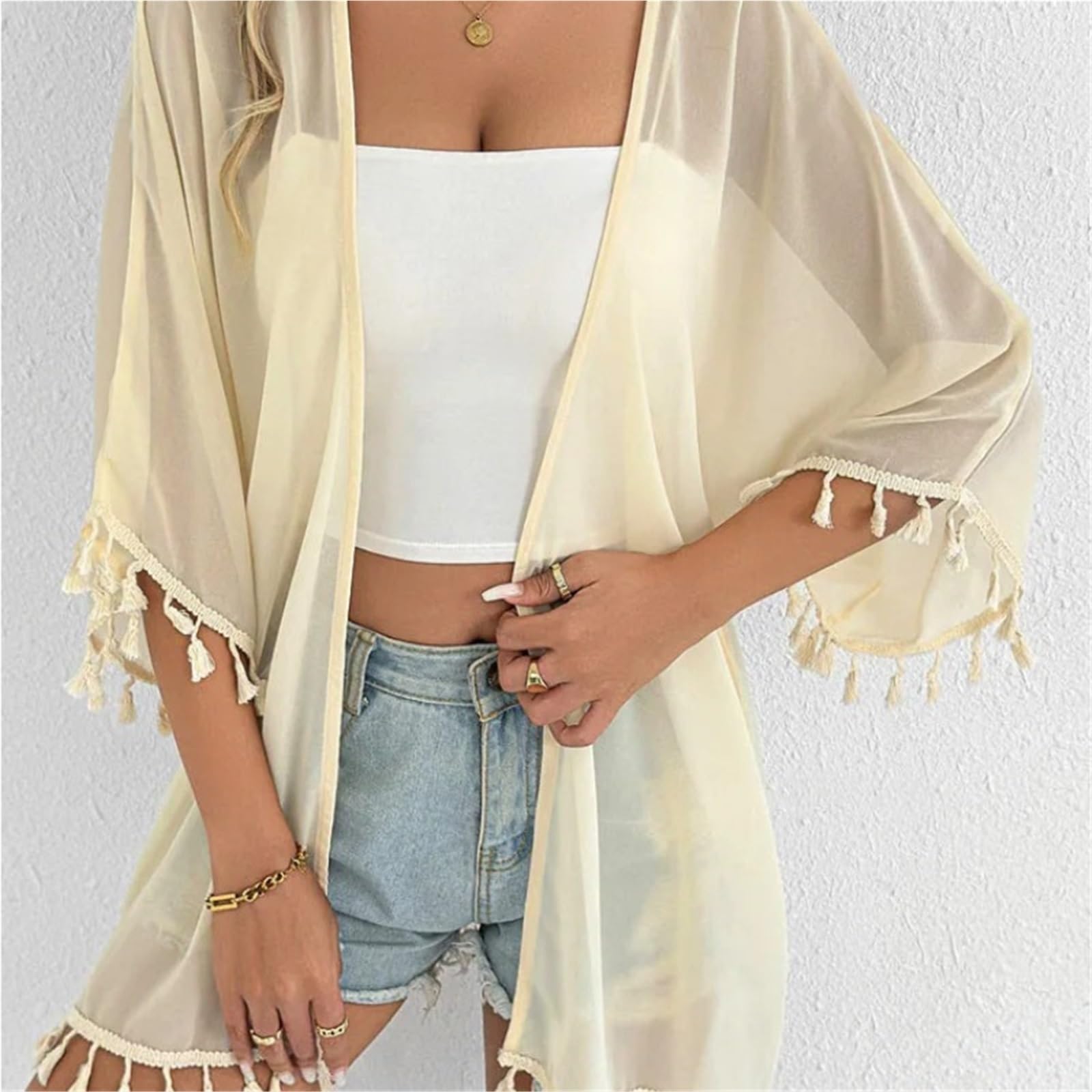 Copricostume da Bikini Copricostume da Spiaggia Donna, con Maniche Corte e Nappe, in Tinta Unita, Casual Femminile per Vacanza