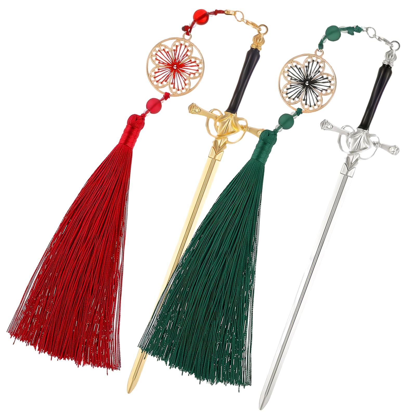 HhBdy Bookmark,2Pcs Sword Katana Bookmark Vintage Tassel Metal Pendant Personalised Book Lovers Gifts Reading Gifts for Boyfriend(Silver Green +Golden Red)
