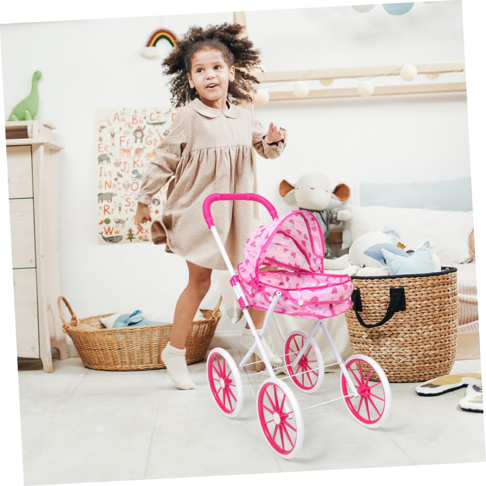TOYANDONA Passeggino per Bambole Giocattolo Pieghevole Baldacchino Realistico e Ampio Accessori Inclusi Stimola Gioco di Ruolo Interattivo Adatto a Bambine Rosa Panno