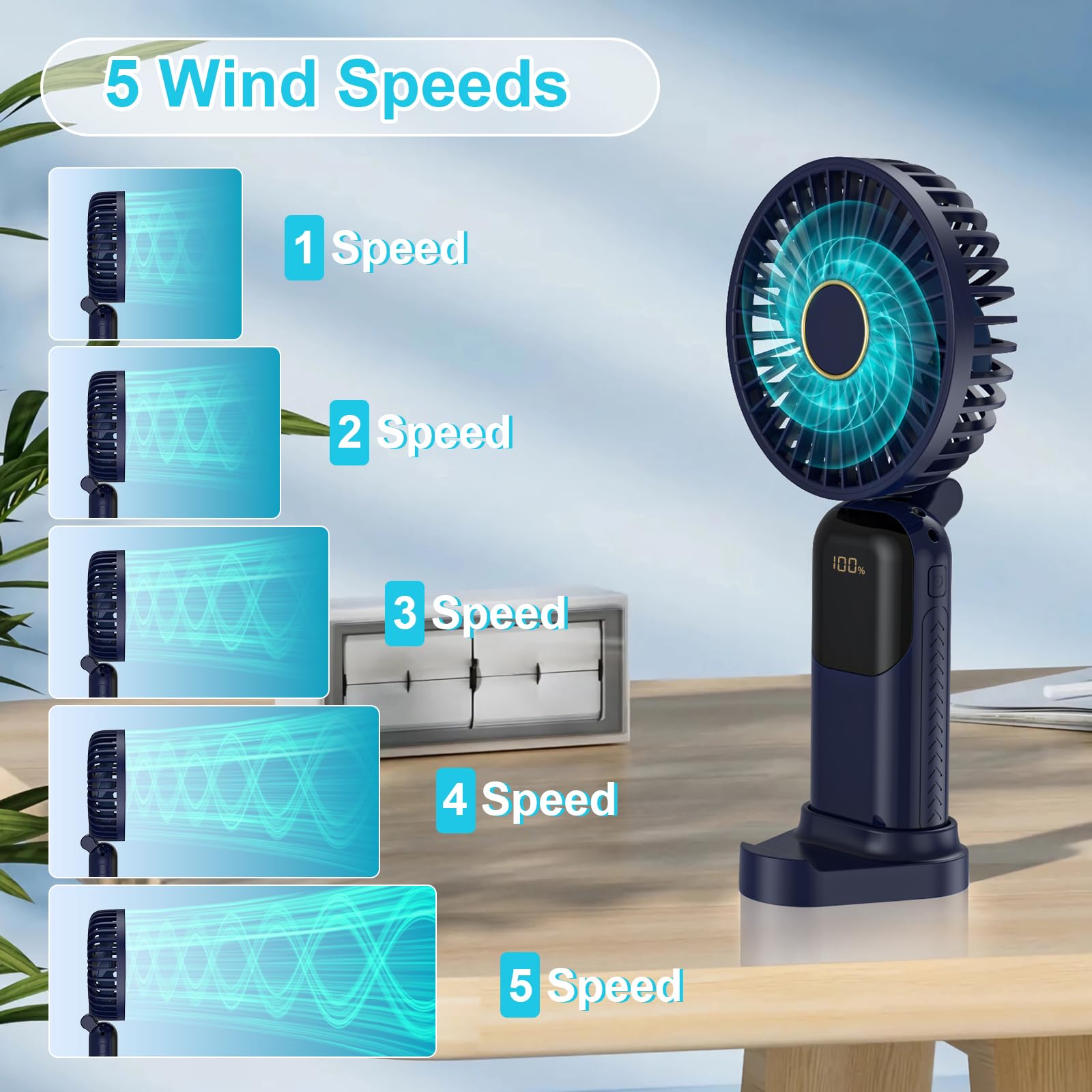 GIACOMO Mini Ventilatore Portatile,Ventilatore Portatile USB Ricaricabile，Ventilatore a Mano con 5 Livelli di Velocità, Batteria da 5000 mAh, Ventilatore Pieghevole per Ufficio, All'aperto（Blu）