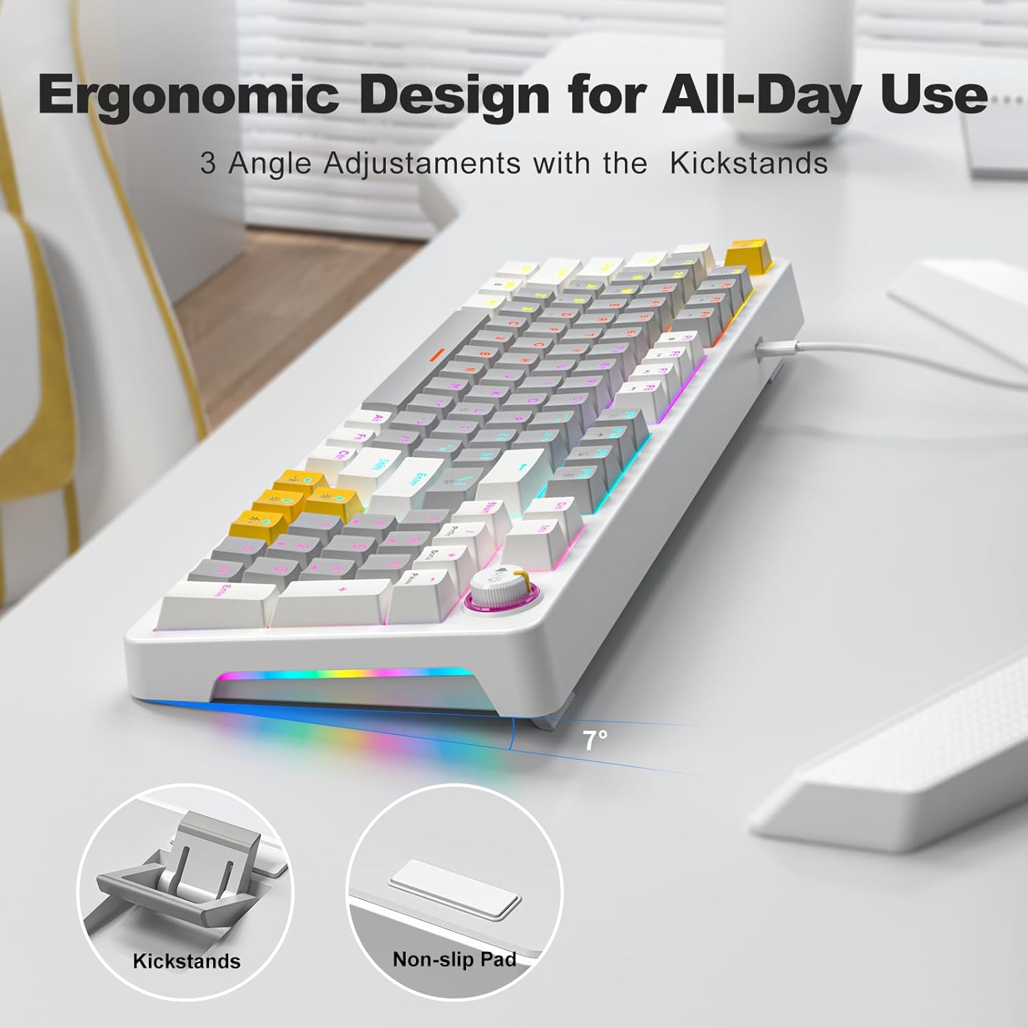 MOFII AK96 Mechanical Gaming Keyboard, Full Keys LED Backlit Programmable, Plug and Play USB A/C Wired Computer Custom Keyboard with Sound/Light Control Knob for Win/Mac - Gray & White - Image 5