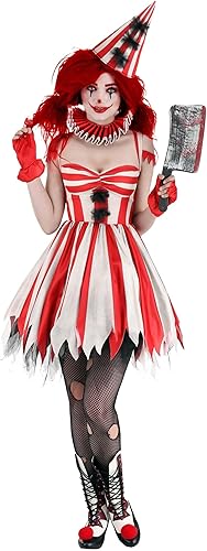 Miniatura 5 de Disfraz de payaso de circo siniestro para mujer, disfraz de payaso aterrador rojo, vestido de payaso aterrador
