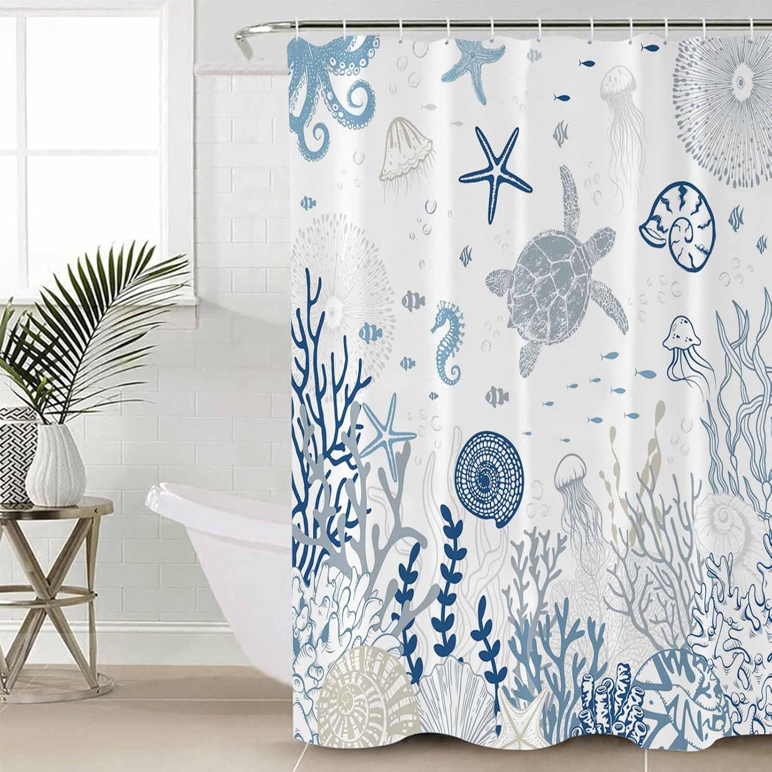 Blue Nautical Coastal Shower Curtain Set - 48" x 72" Summer Beach Washable Bathtub Curtain with 12 Hooks, Sea Turtle Coral Waterproof Fabric Stall Shower Curtains for Bathroom/Bathtub