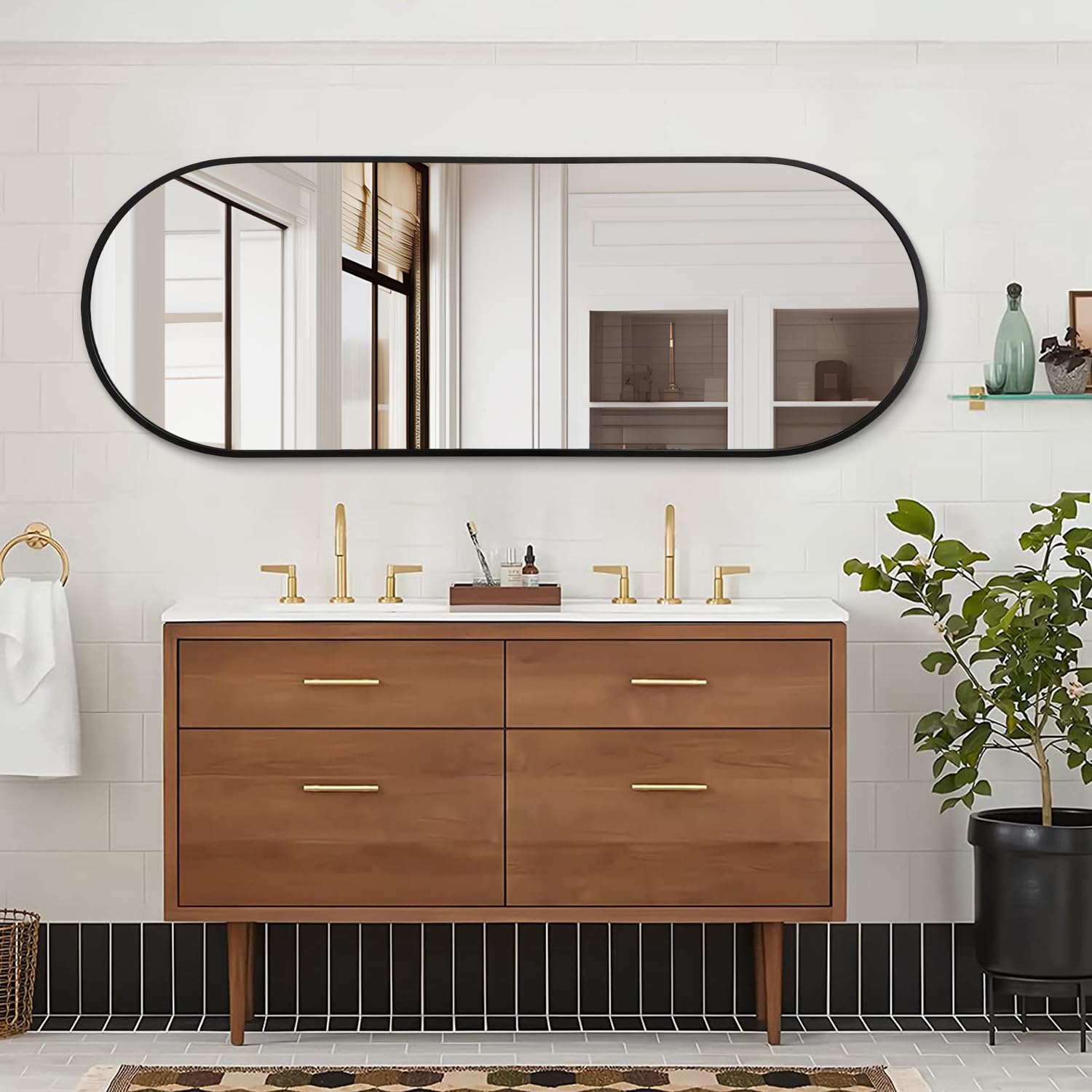 Specchio da parete ovale nero per bagno, specchio a figura intera, cornice in alluminio in metallo, specchi da parete 120 x 40 cm, specchio oblungo a forma di pillola, per vanità, soggiorno,