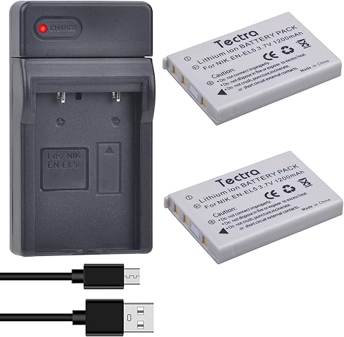 Tectra Paquete de 2 baterías EN-EL5 y cargador USB para cámaras Nikon Coolpix P500, P510, P520, P530, P3, P4, P80, P90, P100, P5000, P5100, P6000,