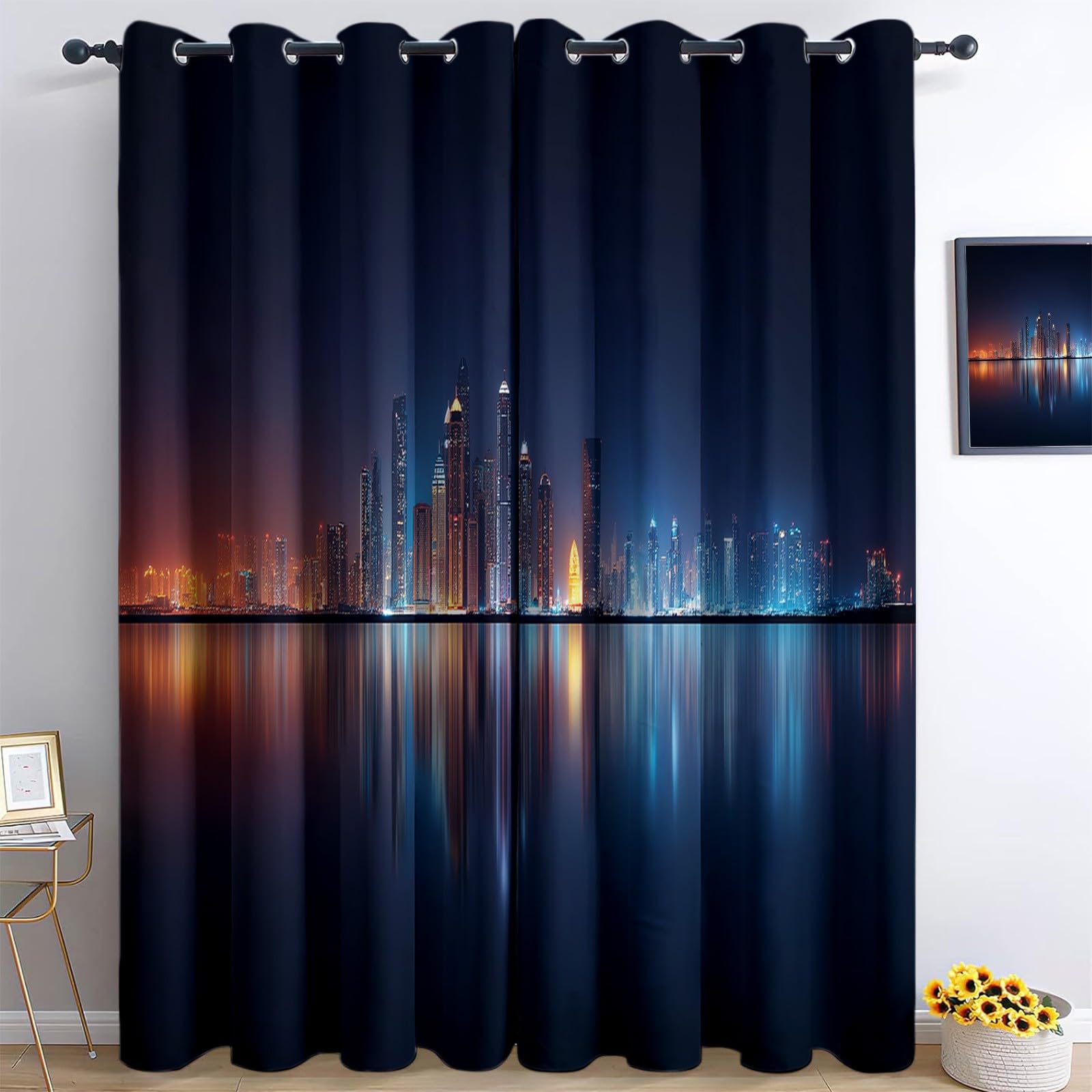Générique Zasłony izolowane termicznie, 140 L x 260 H cm, zestaw 2 nowoczesnych zasłon miejskich Dubaj z przelotkami zaciemniającymi i redukcją szumów do sypialni i salonu - ciemnoniebieskie