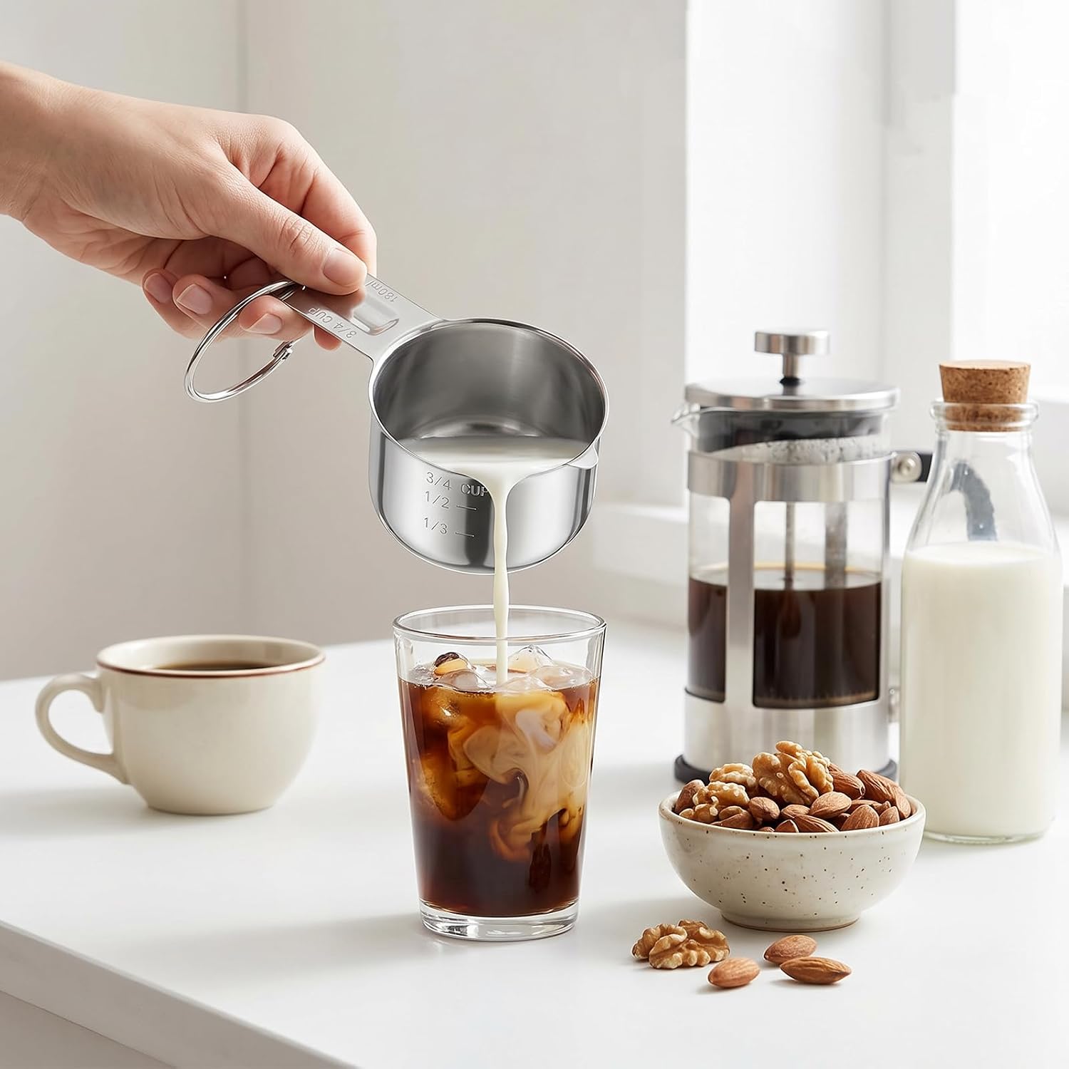 Stainless Steel Measuring Cup 3/4 Cup (180 ml | 6 oz| 180 cc) Single Measuring Cups Metal Measurings Cups with Ring for Hanging for Cooking Baking Coffee Dishwasher Safe Metric and US Measurement