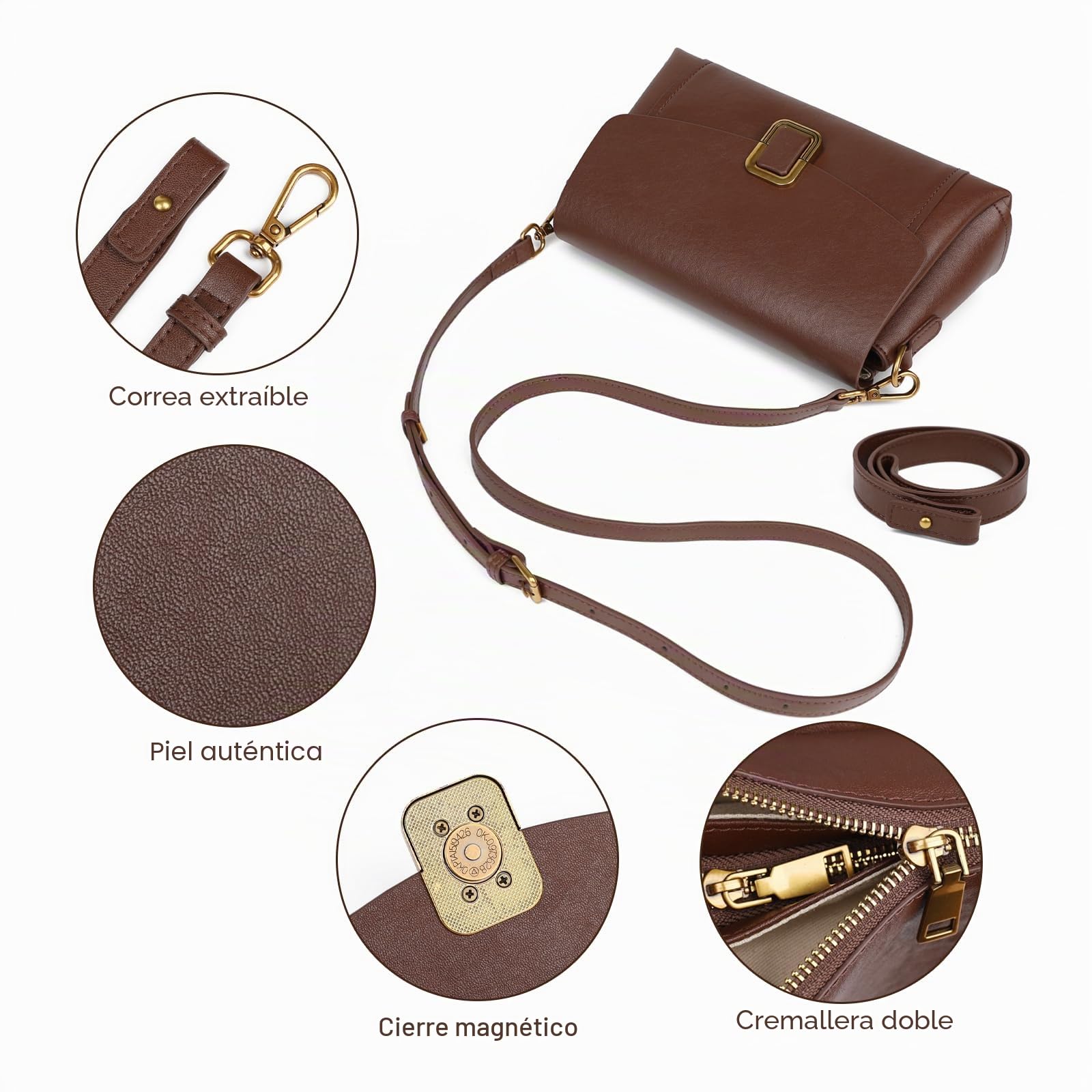 Bolso Bandolera Mujer de Cuero Genuino, Correa Ajustable | Cuero Genuino, 2 Correas Desmontables, Estilo Satchel, Compacto y Ligero, Ideal para Viajes, Uso Diario, Trabajo y Regalo
