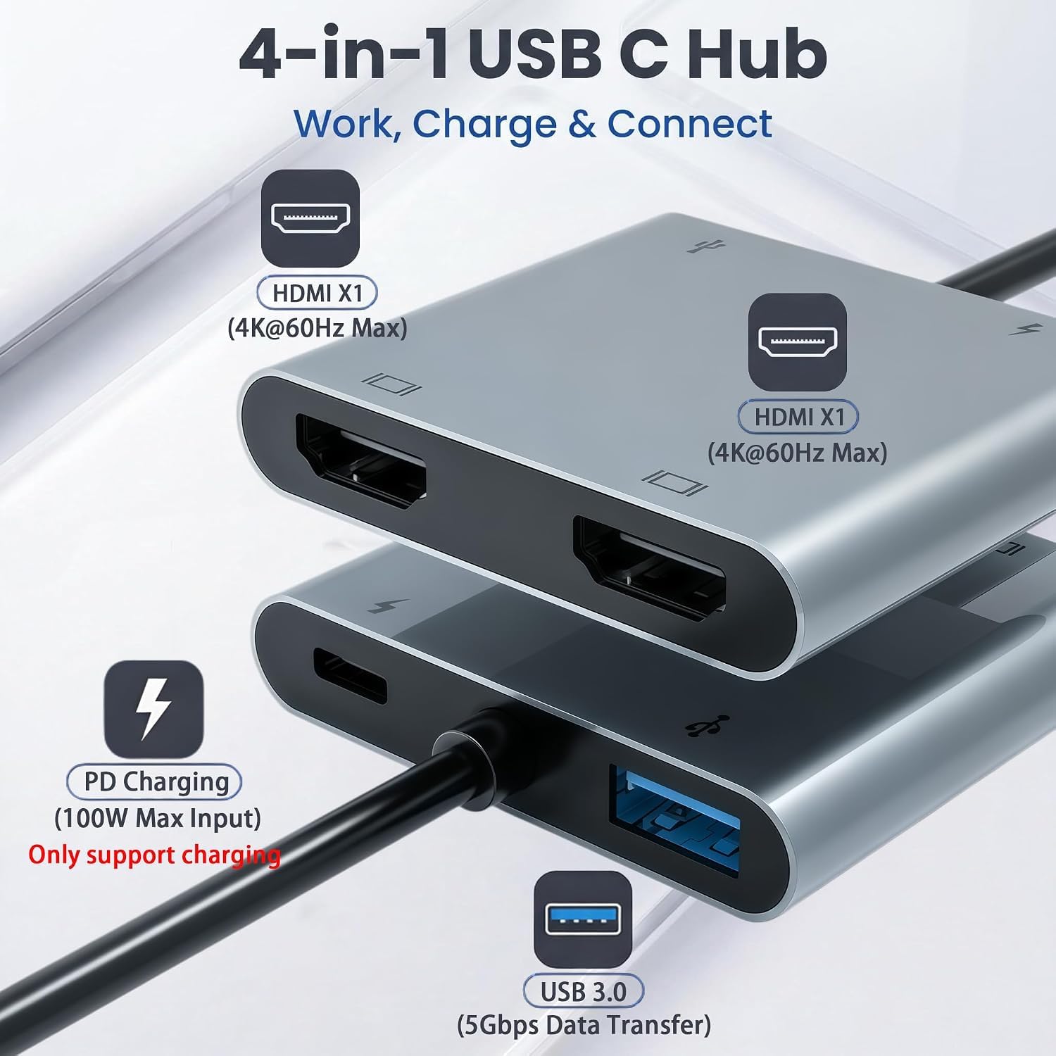 Laptop Docking Station Dual Monitor, USB C Docking Station Double Monitor, Dual HDMI Adapter for 2 Monitors with 2 HDMIs 4K/USB3.0/PD, HDMI Splitter Extended Display — Amazon image 3