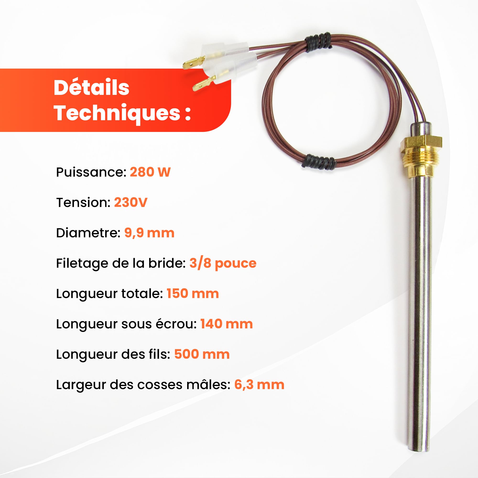Bougie poêle à granules - PIAZZETTA/SUPERIOR/JOLLY MEC/INTERSTOVES/MCZ/FREEPOINT/RED/KAUSIFLAM/SKIA - 280W, 140mm, Ø 9,9mm, filetage 3/8, avec cosses - GARANTIE 2 ans - Made in Italy