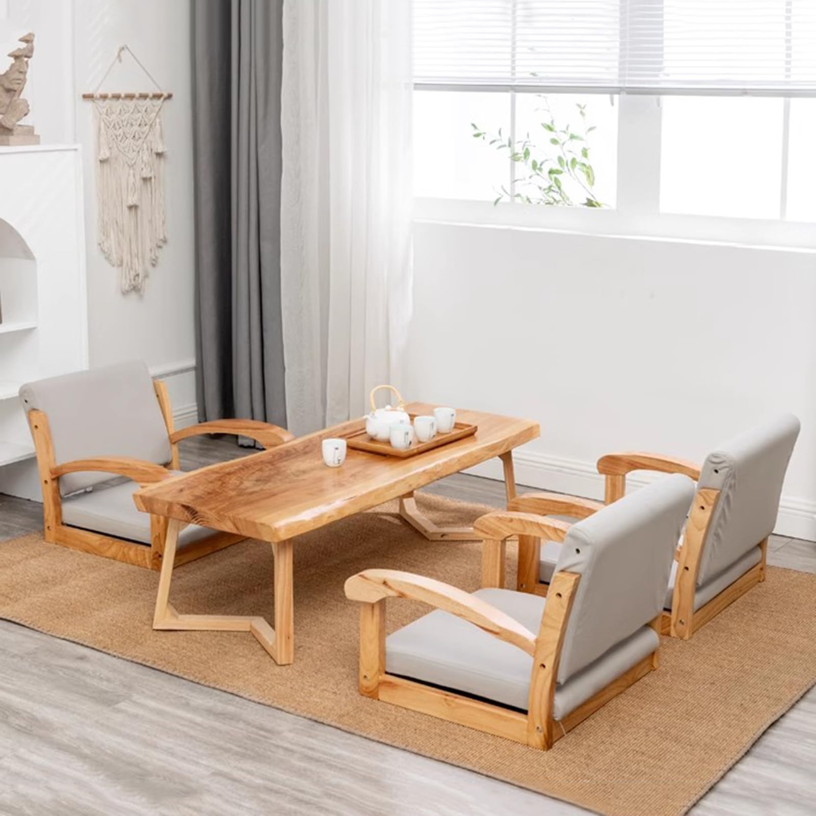 Silla de Suelo de Madera con reposabrazos y Respaldo para meditación, Silla Japonesa portátil sin Patas, sofá Relajante para meditar y Leer Junto al ventanal.