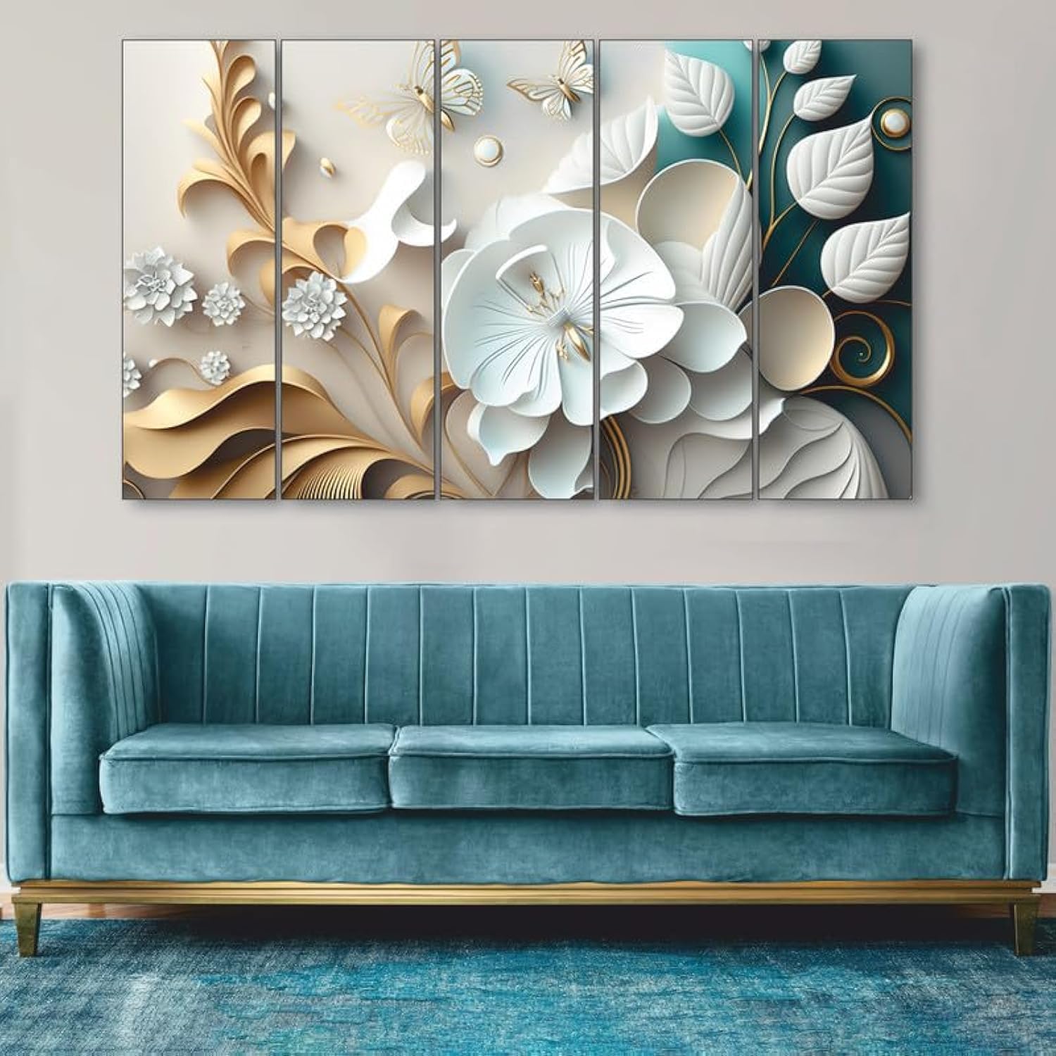 The Castle Decor-White Flower European Style Painting Set of 5 Big Size (36x60) Multiple Frames Wall Art Painting for living room,Bedroom,Drawing room,Hotels-Wooden Framed-Digital Painting