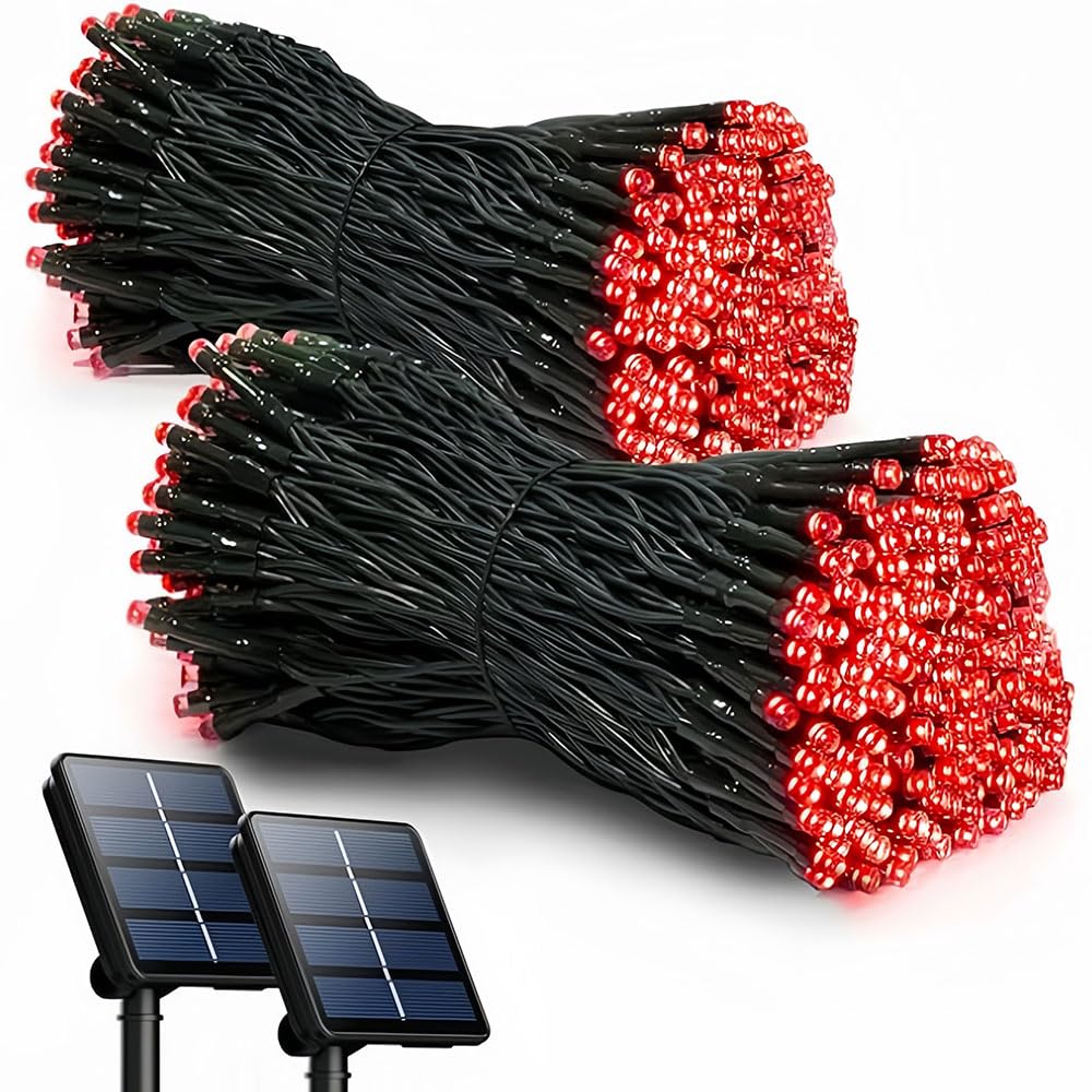 Treer Solar Outdoor Fairy Lights, 2 Pieces Solar Powered Garden Lights - IP65 Waterproof, Outside Garden Ornaments Outdoor LED String Lighting for Patio Yard Party Wedding (Red,22m 200 Lights)