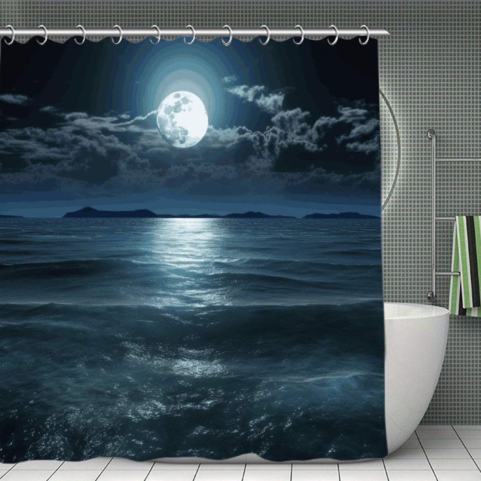 FekiLoot Moon and Sea Shower Curtain Thick Weighted Shower Curtain Classic Unique Bath Curtains Heavy Duty Long Showers Curtains for Bathroom Bath Tubs Machine Wash 70.8"x70.8"