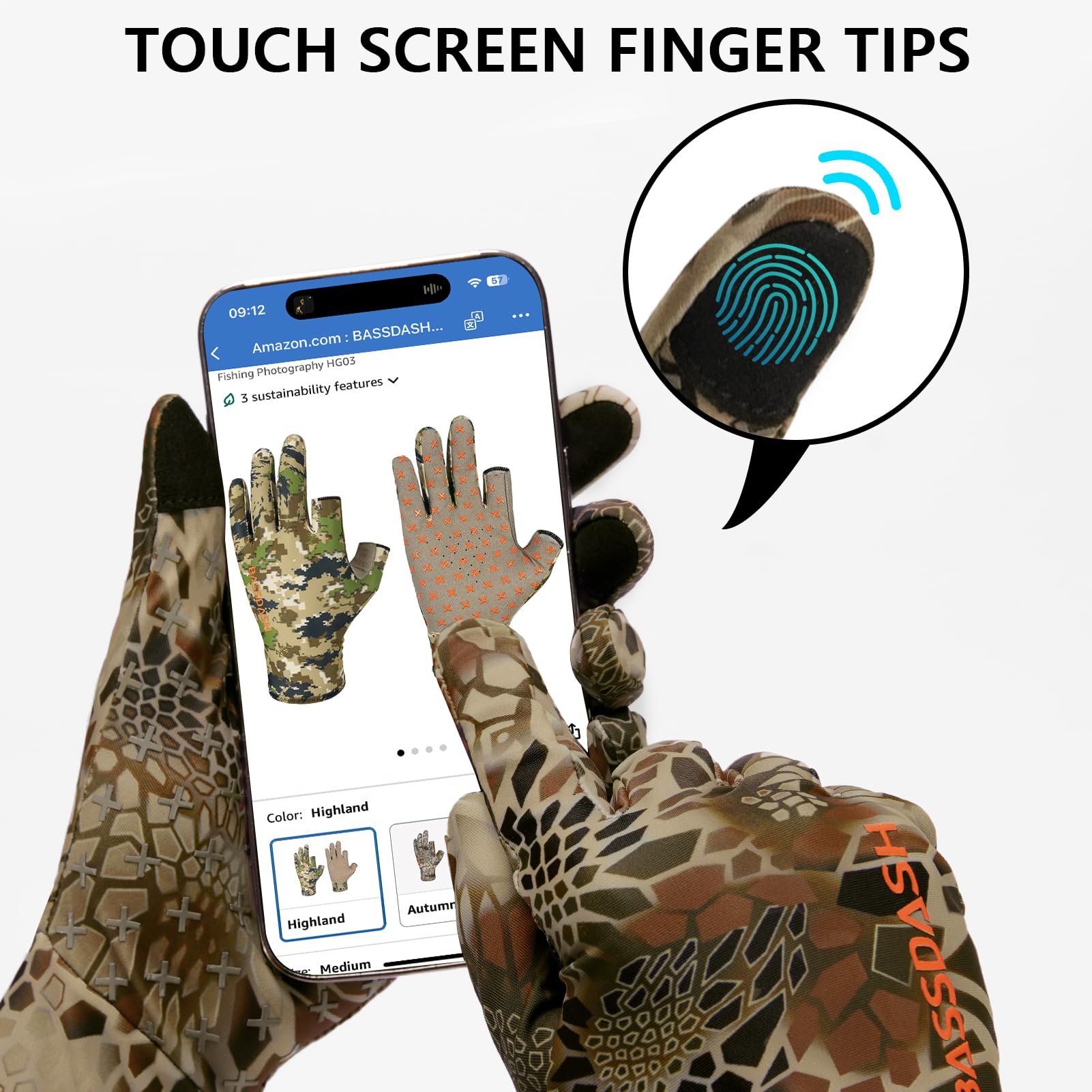 BASSDASH Guanti da caccia mimetici da uomo, UPF 50+, leggeri, per touchscreen, per tempo caldo, pesca, escursionismo, attività all'aperto