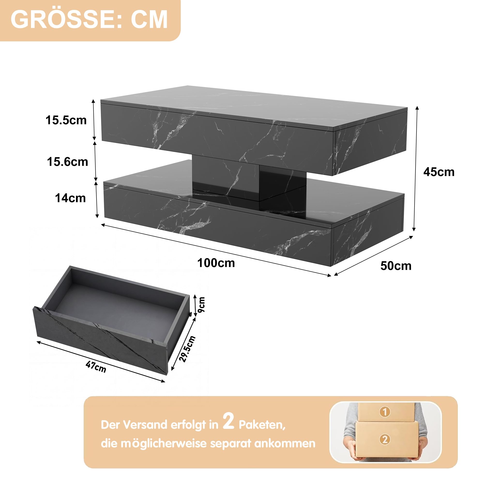 Couchtisch Hochglanz mit Led, Helligkeit und Farbe Einstellbar, Wohnzimmertisch Modern mit Stauraum, Kaffeetisch Wohnzimmer mit Offenem Ausstellungsregal und 2 Schubladen (Schwarz, 100 x 50 cm)