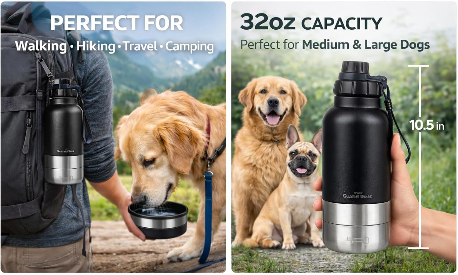 Portable Dog Water Bottle with Built-in Bowl, Leakproof Pet Travel Water Dispenser, 32oz Stainless Steel Dog Water Bottle for Walking, Hiking, Camping & Outdoor Travel