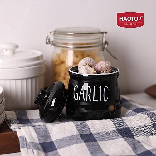 Vista 12 de HAOTOP Soporte de ajo con tapa, mini recipiente de cerámica para encimera, mantiene tus dientes de ajo frescos, rojo