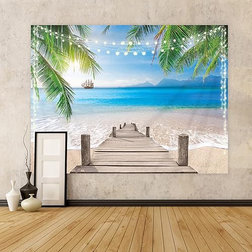 Miniatura 3 de Riyidecor Tapiz de verano para playa, playa, océano, ola, palmera, paisaje, vacaciones, naturaleza, cielo azul, paisaje costero, para colgar en la