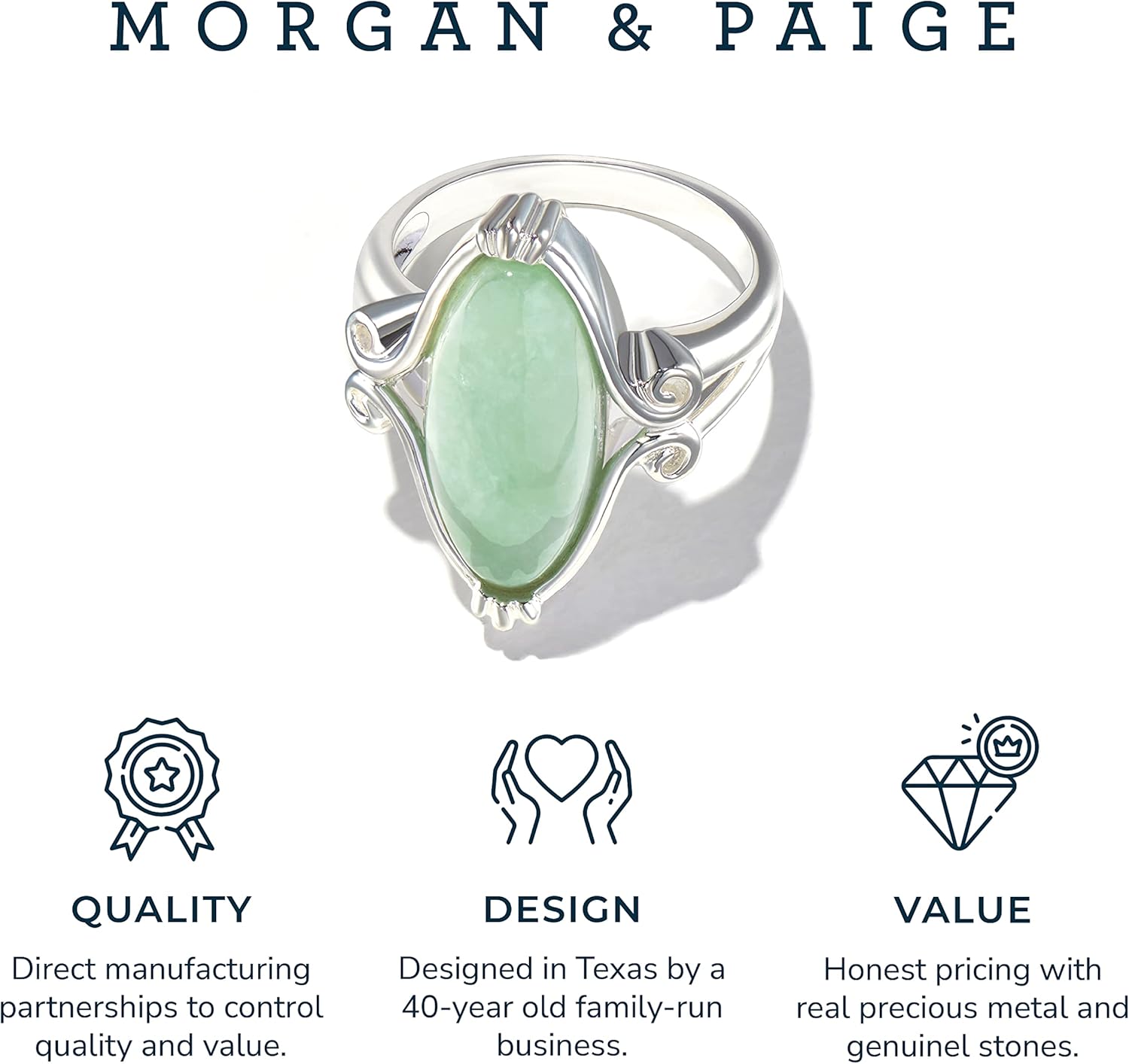 MORGAN & PAIGE .925 Sterling Silver Rhodium or 18K Yellow Gold Plated Genuine Green Jade Rings for Women - Hypoallergenic Vintage Celtic Oval Jade Stone Statement Rings Scrollwork Setting, Size 5-9 - Image 5