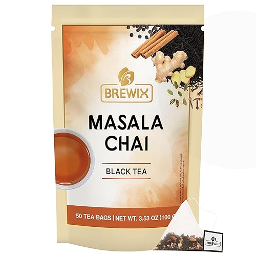BREWIX, Masala Chai - Bolsas de té (50 bolsas de té piramidales) fuertes, robustas y picantes, ingredientes puros, té negro, canela, jengibre,