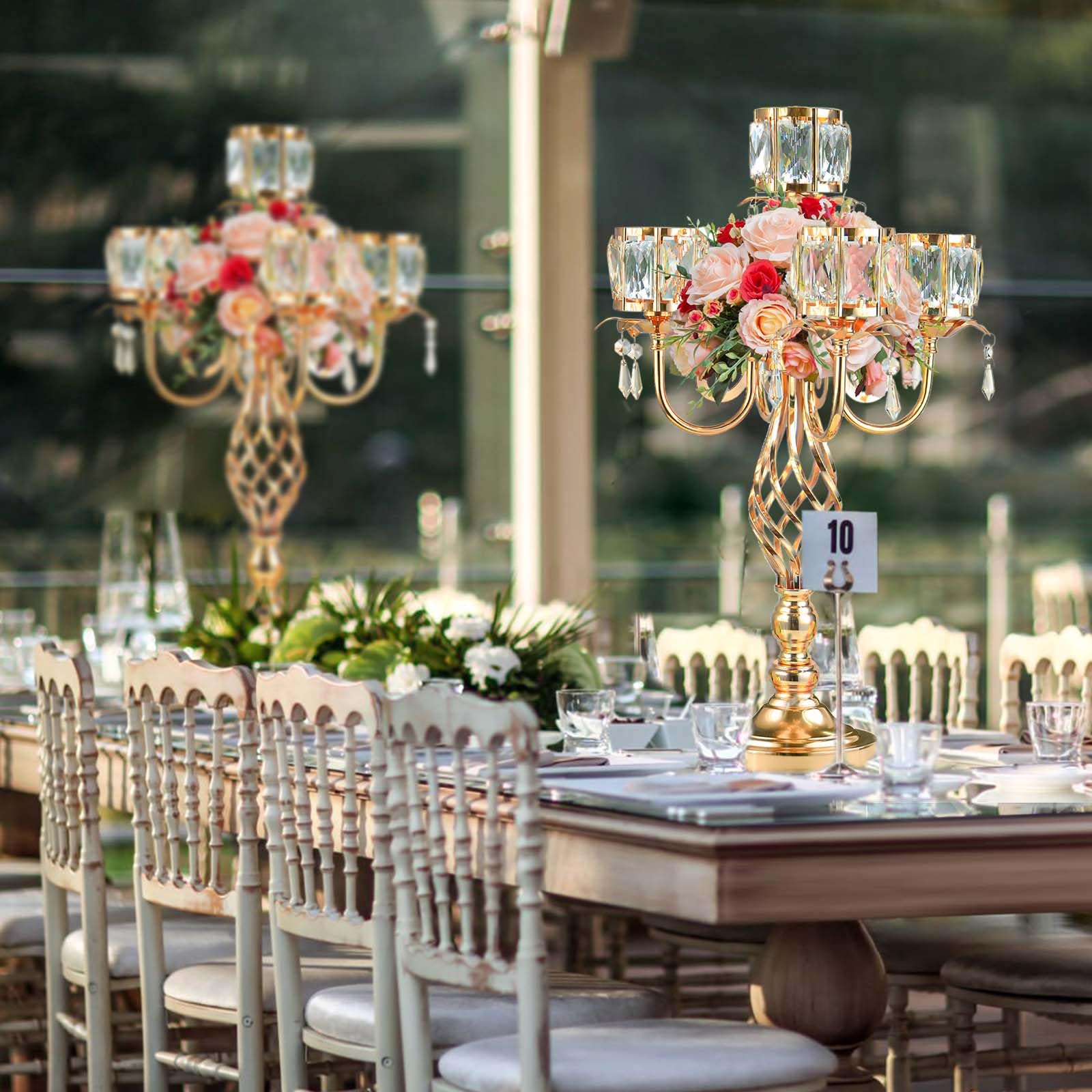 23.2 inch Tall Elegant and Chic 5 Arm Pendant Crystal Candlestick Holder Table Decoration tealight Candle Holder, Candelabra for Gorgeous Wedding/Parties Table Centerpiece (2, Gold)