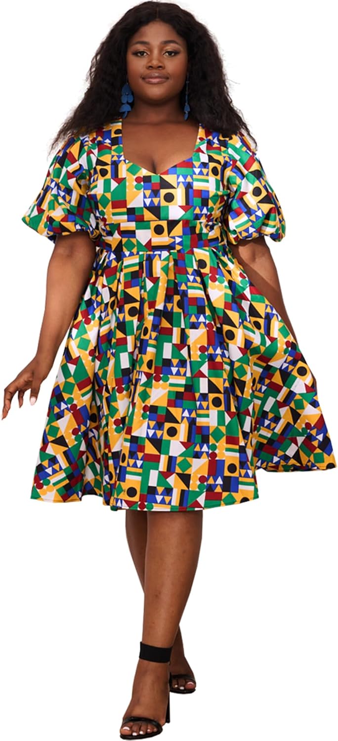 Women African Floral Print V Neck Dresses Ankara Lantern Sleeves Short Dress - Image 2