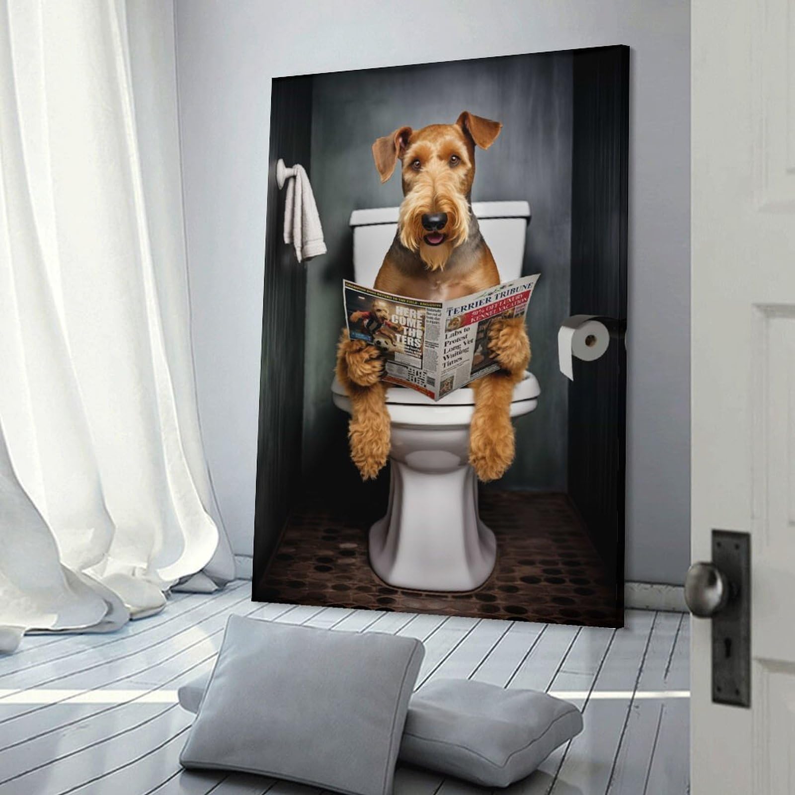 Junmoney Airedale Terrier on Toilet Wall Art Print, 24x36inch(60x90cm), for Sofa Walls, Lounge Or Home Corners, Canvas Styling for A Polished Room Look