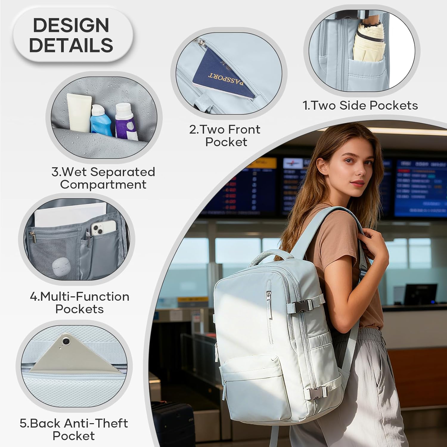 Vacuum Compression Backpack, Travel Vacuum Backpack with Electric Vacpack Pump, Flight Approved Carry On Personal Item Suitcase Luggage for Men Women, Light Blue - Image 2