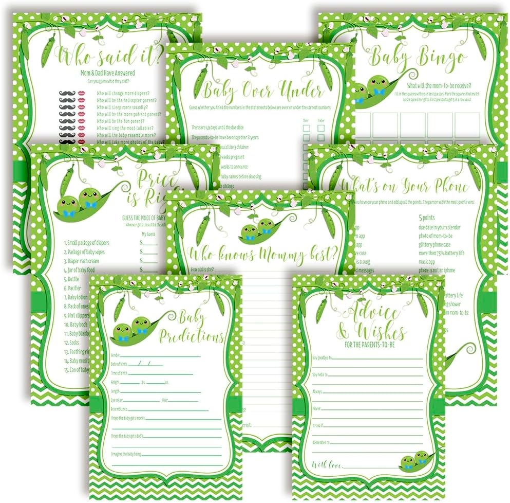 Amanda Creation Baby Shower Games 8 Game Set Two Peas in a Pod Twin Boy 80 Double-Sided Cards for 20 Guests. Baby Shower Bingo, Baby Predictions & Activities for Guests. Baby Shower Theme for Boy