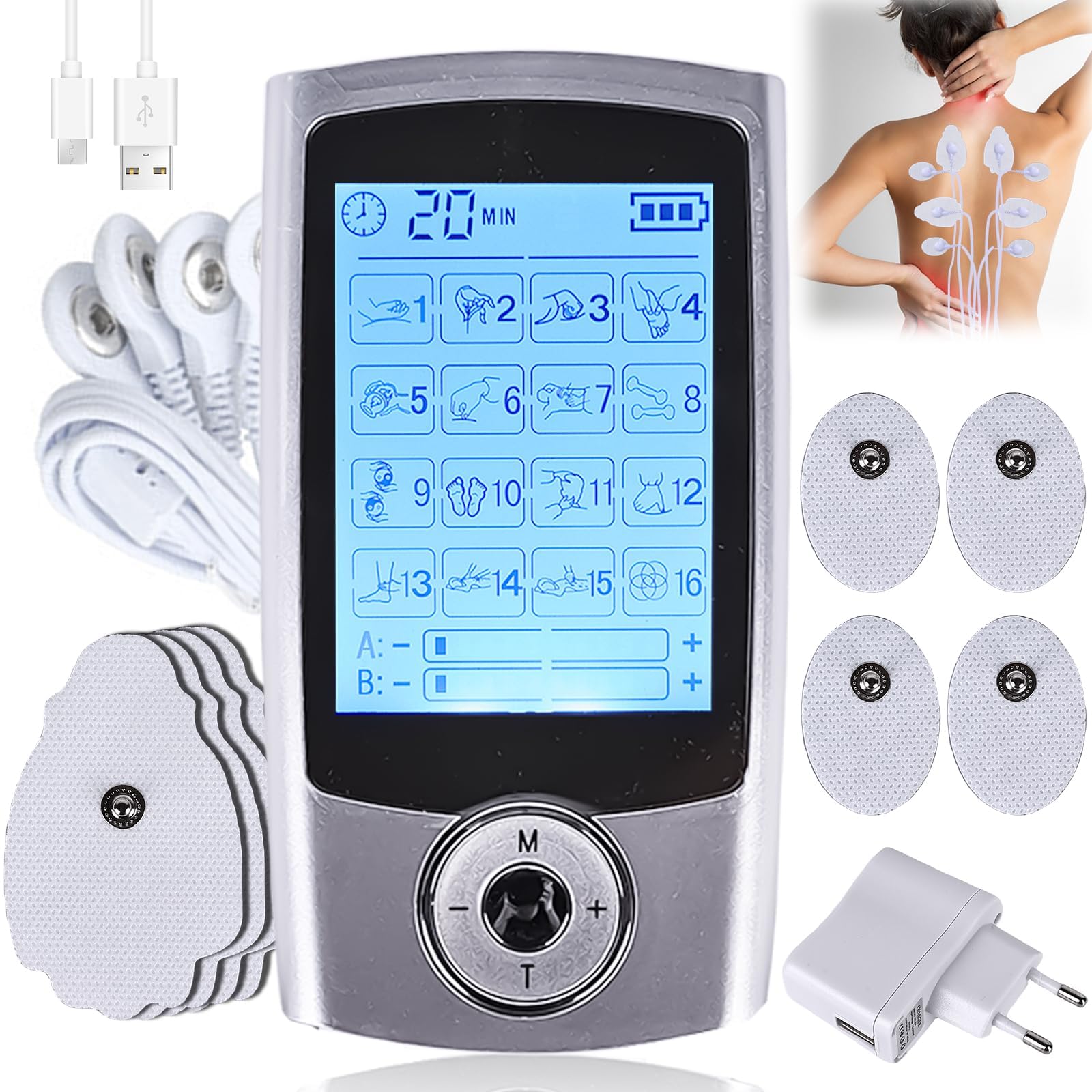 Appareil TENS - 16 modes - Électrodes de stimulation rechargeables contre la douleur - 16 programmes d'entraînement - 20 niveaux d'intensité - 2 canaux - Électrodes de qualité supérieure - Appareil