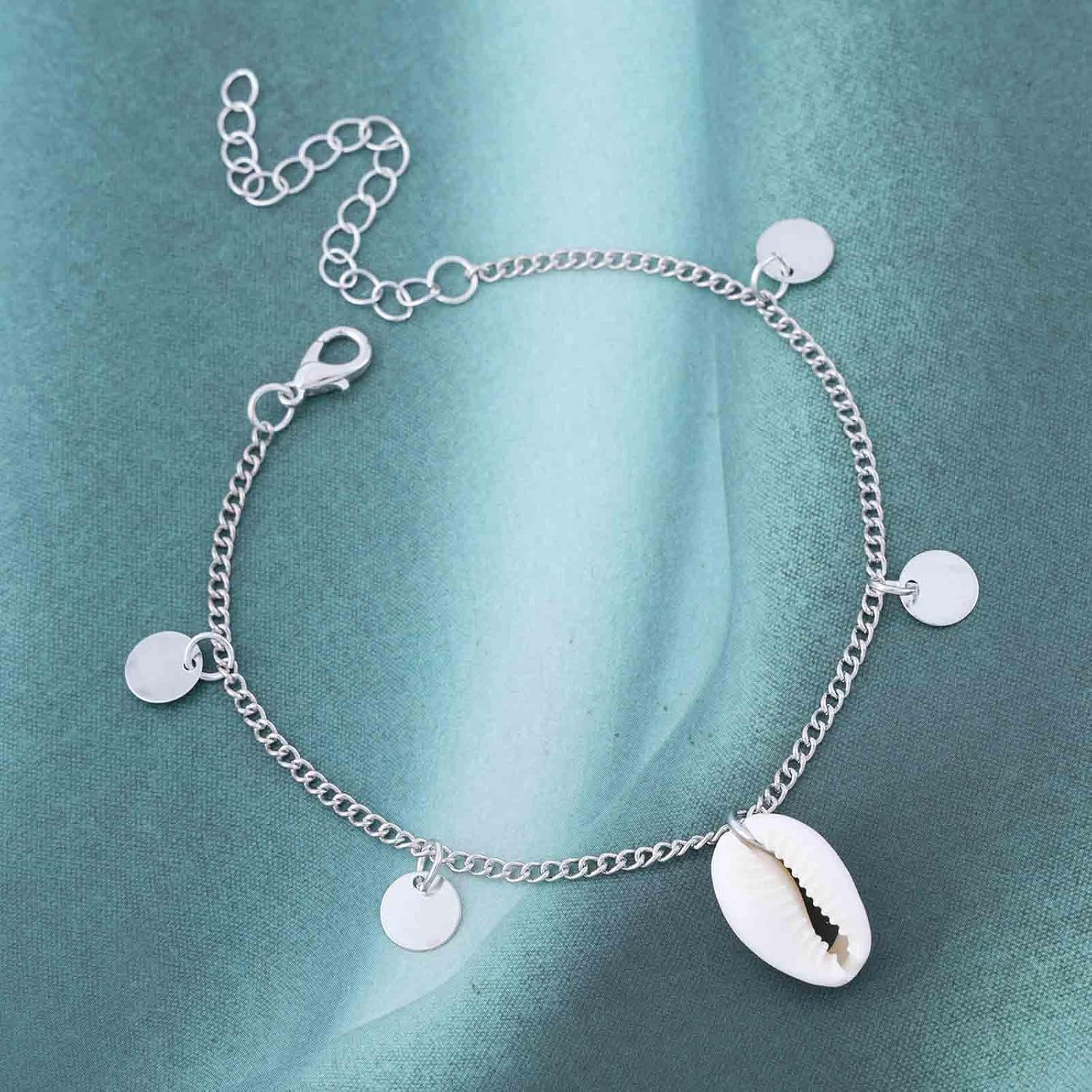 Boho Seashell Ankle Bracelet Silver Cowrie Sea Shell Anklet Bracelet Vintage Disc Coin Dangle Anklet Summer Beach Natural Shell Foot Chain Jewelry for Women - Image 3